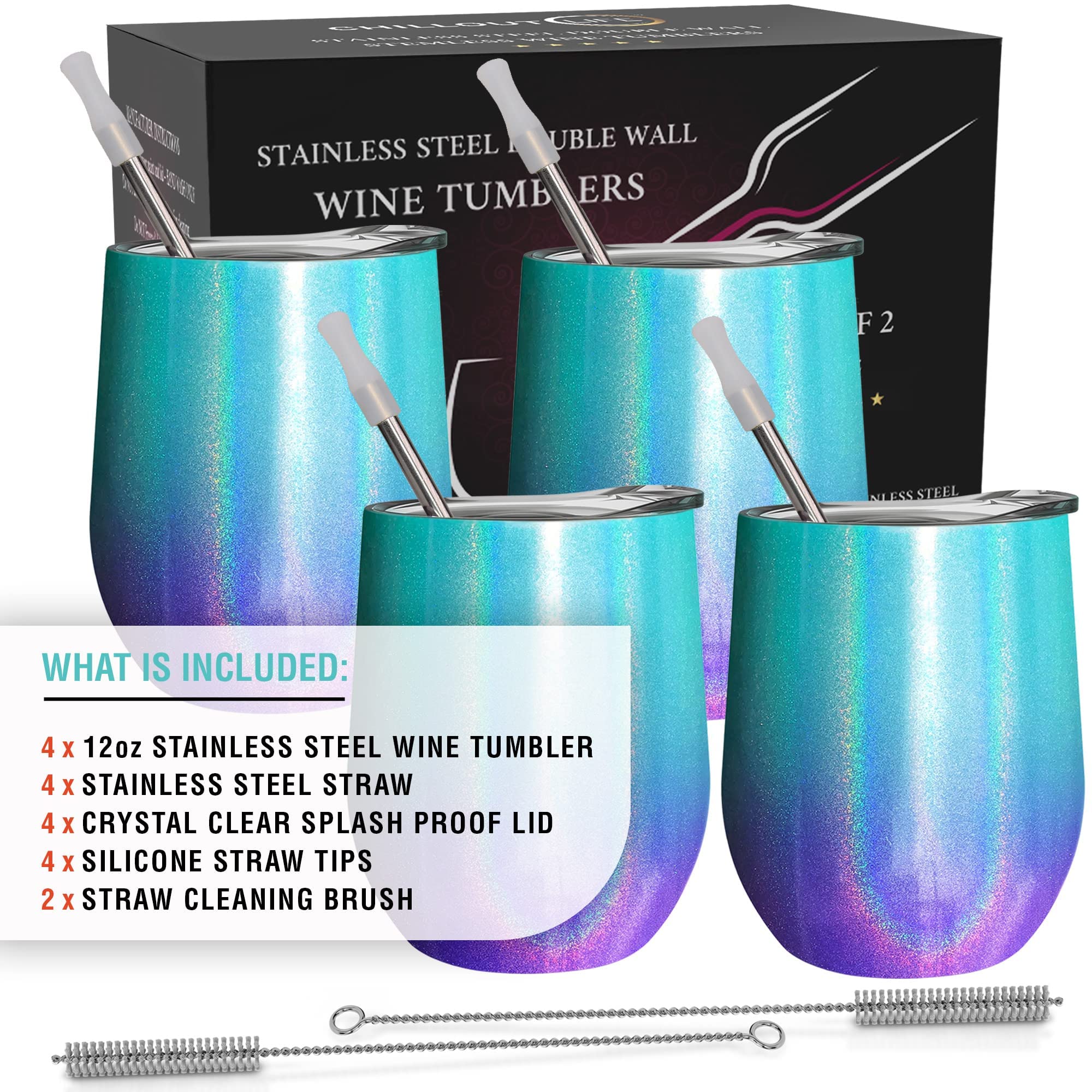 CHILLOUT LIFE Vasos de vino de acero inoxidable de 12 onzas, paquete de 4 vasos de vino aislados al vacío de doble pared con tapas y popotes que mantienen el frío y el calor para café, cerveza, helado