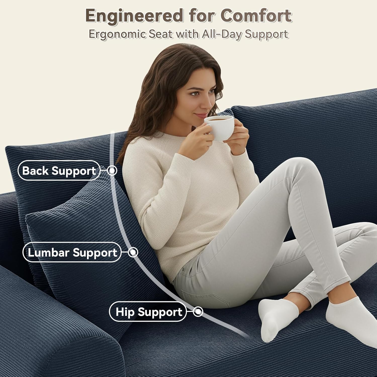 103 inch Cloud Sectional Couch, Modular Sectional Sofa with Deep Seat,Folding L-Shape Sofa Bed,Corduroy Boneless Couch Bed for Living Room,No Assembly Required,(Navy Blue,Left Facing Chaise)