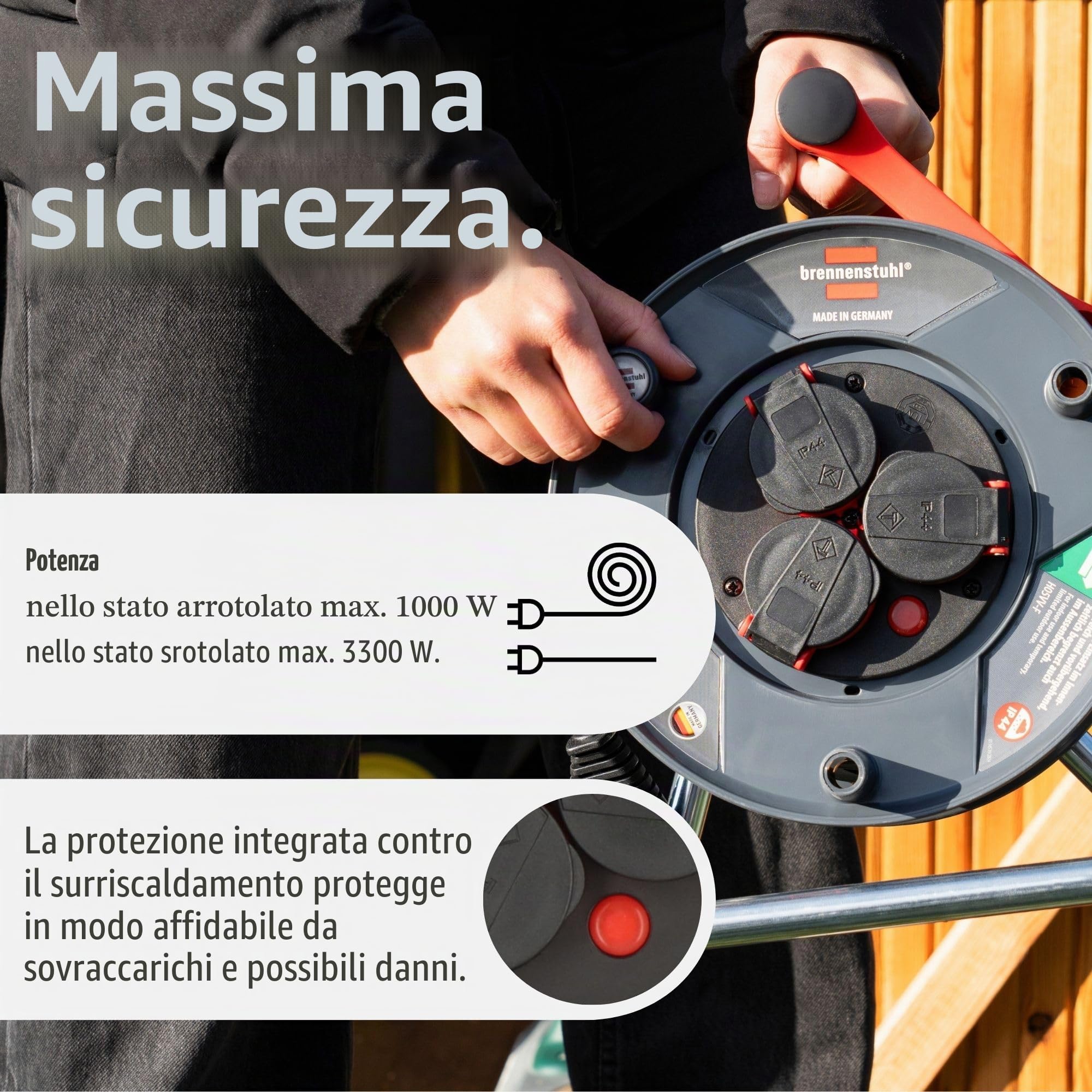 Brennenstuhl Garant, Avvolgicavo per esterni, IP44, 25 m (Made in Germany, 3 prese di sicurezza con migliore protezione da tocco, plastica speciale)