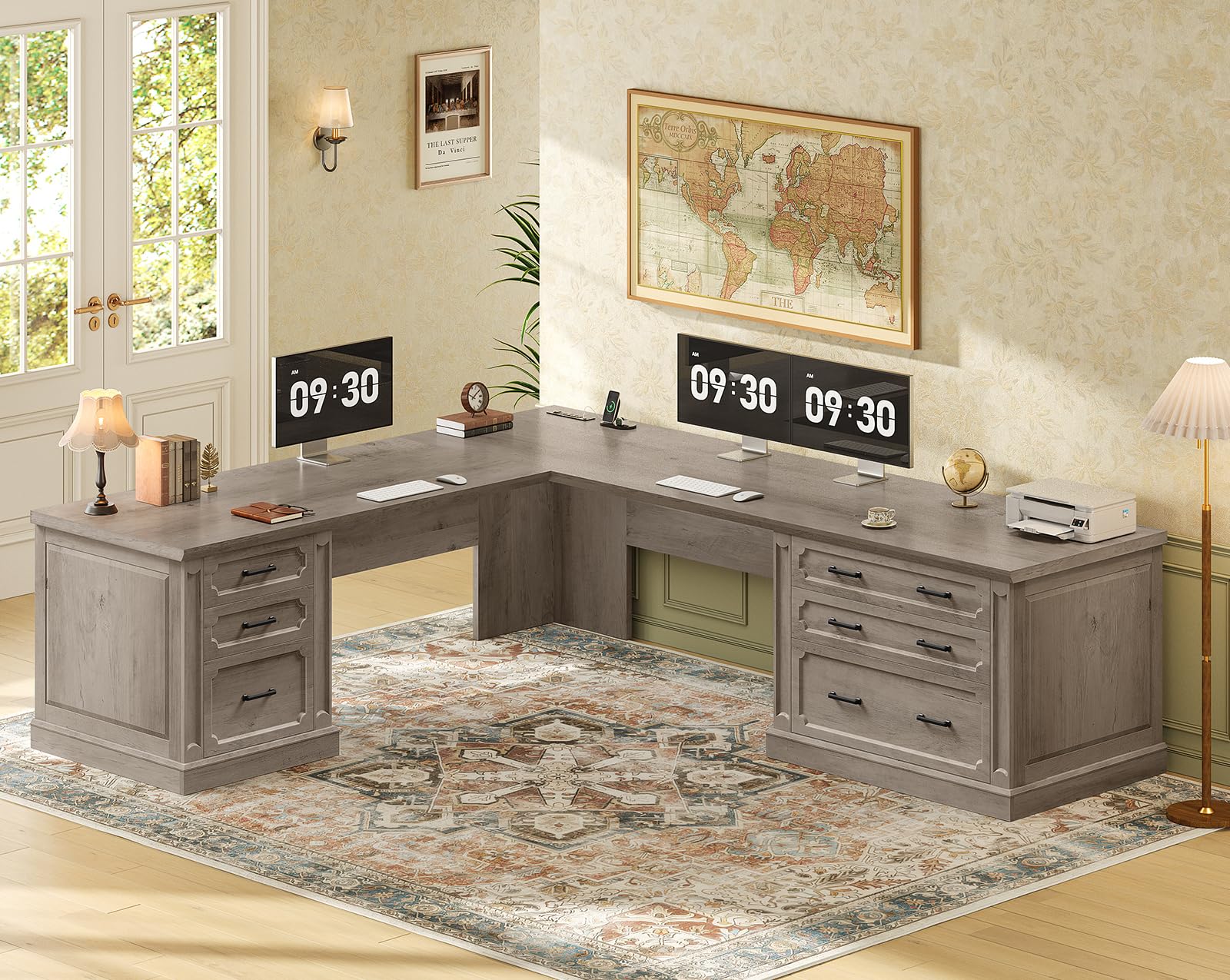 SEDETA Farmhouse 78.8" L Shaped Desk with 6 Drawers, Home Office Desk with Power Outlet, File Cabinet Storage, Wood Corner Computer Desk for Work and Study, Gray