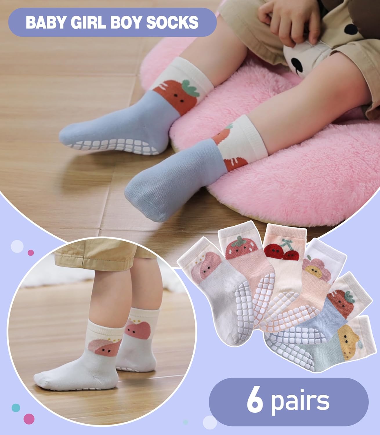 MQELONG 6 Pairs Baby Girls Non Slip Crew Socks Grips Socks for Infants Toddlers Kids Girls - Image 3