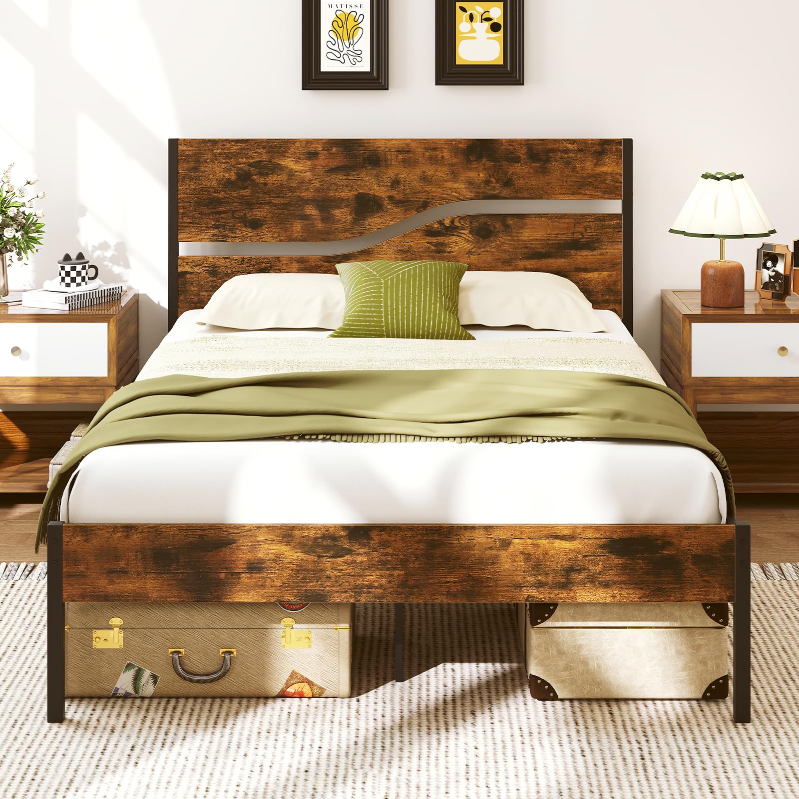 COSTWAY Cadre de Lit 140 x 200 cm avec Sommier en Métal, Lit 2 Personnes Industriel avec Tête en Bois, Espace de Rangement, Pas de Sommier Nécessaire, Montage Facile, Marron Rustique