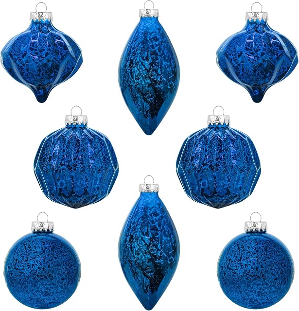KI Store Mercury Glass Christmas Tree Ornaments Blue Set of 8 80mm 120mm Hanging Christmas Baubles Finials for Christmas Tree Decoration Holiday Décor