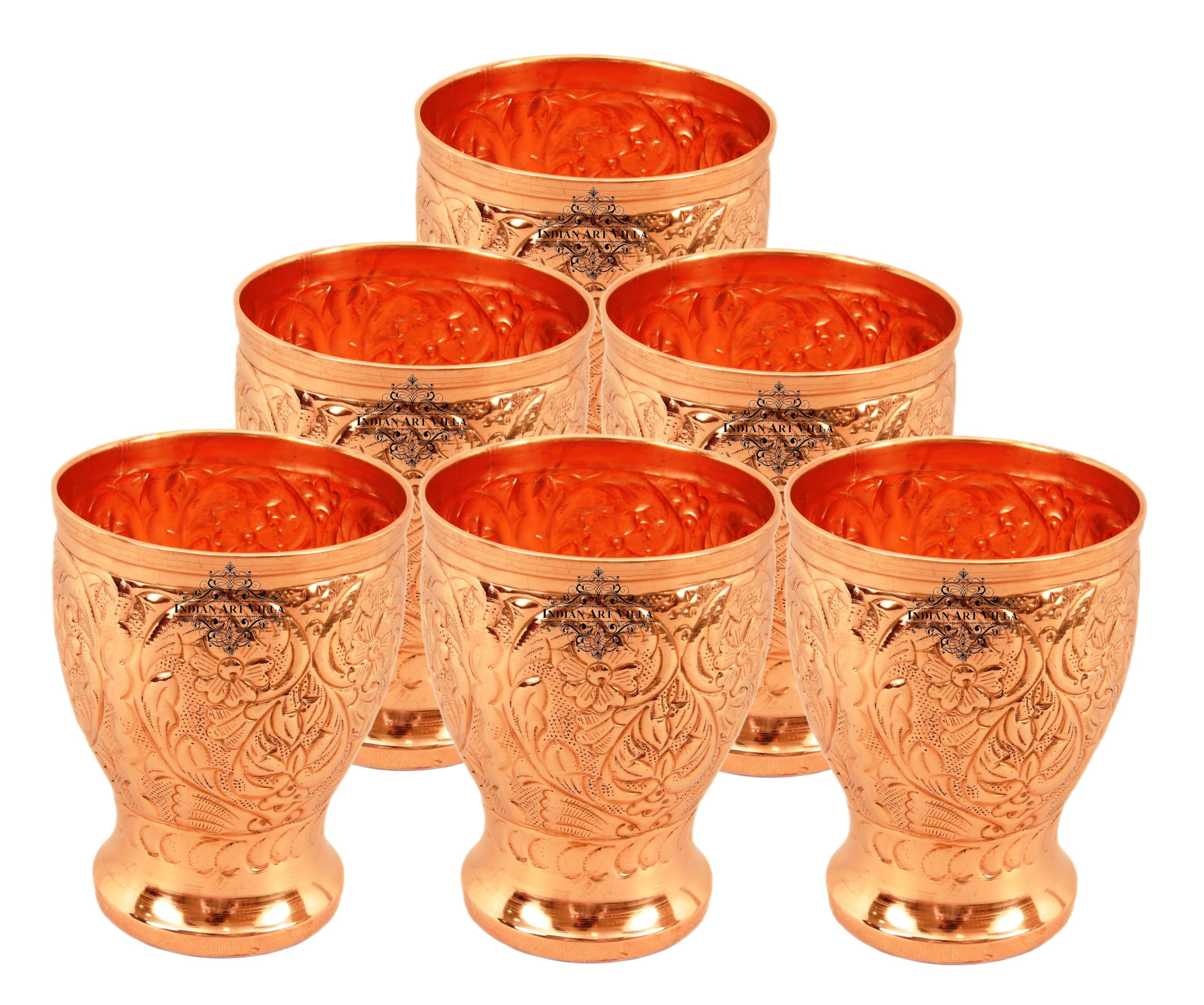 Indian Art Villa Handcrafted Copper Tumbler Set of 6 with Big Flower Design and Wide Mouth 12 Oz