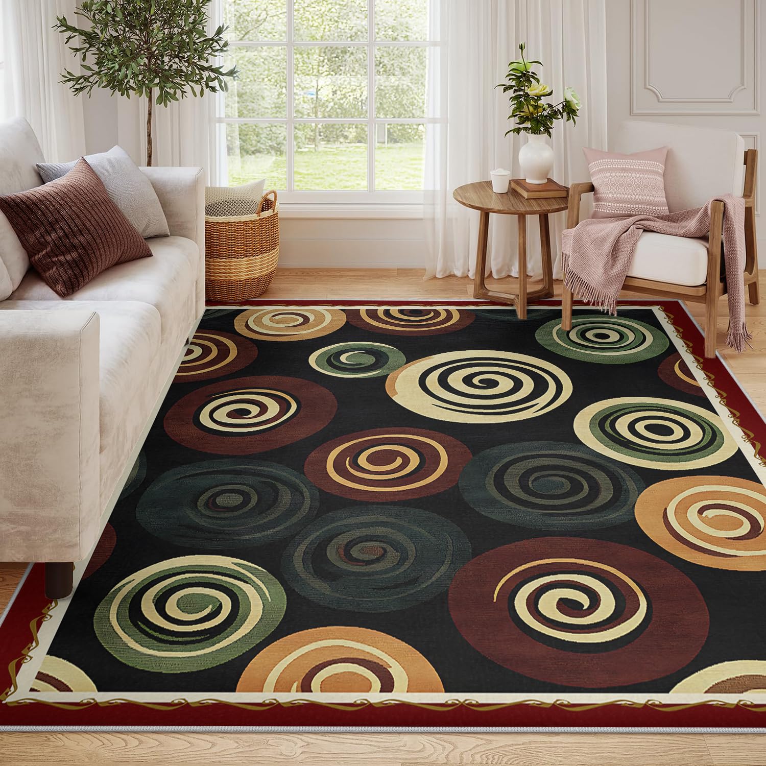 Area Dywan 180 x 270 cm, do salonu, czarny, wielokolorowy, z kręgu, nadaje się do prania, antypoślizgowy, do wnętrz, na podłogę, składany, duży, miękki, do jadalni, sypialni, z krótkim włosiem
