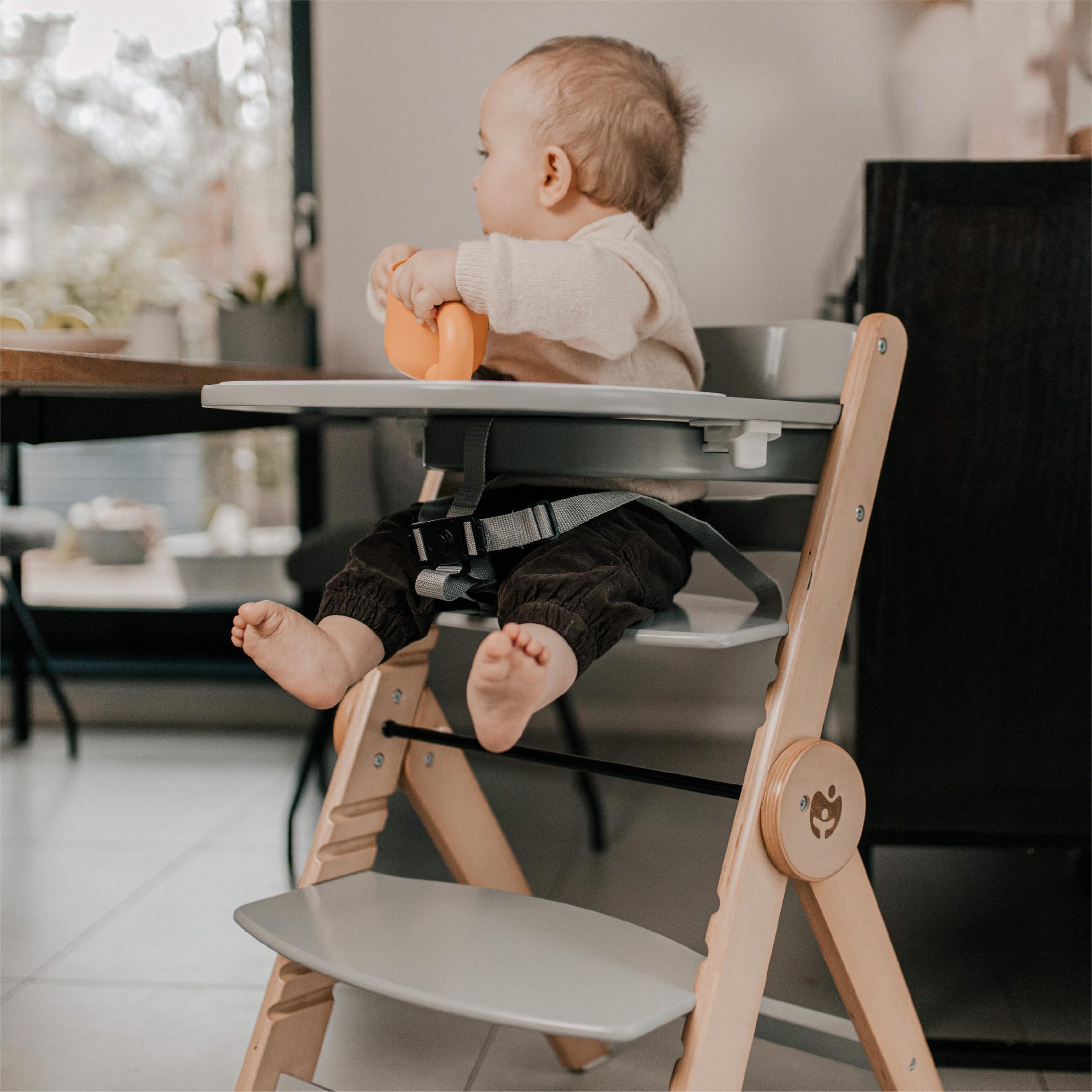 Tulano Morsel 45 Babyhochstuhl 4in1 aus Holz - Klappbar & mitwachsend | 3-Punkt-Gurt - Schutzbügel - Essbrett spülmaschinenfest - Rutschfeste Füße - 6 Monate bis 12 Jahre - Bis 40 kg - Grau