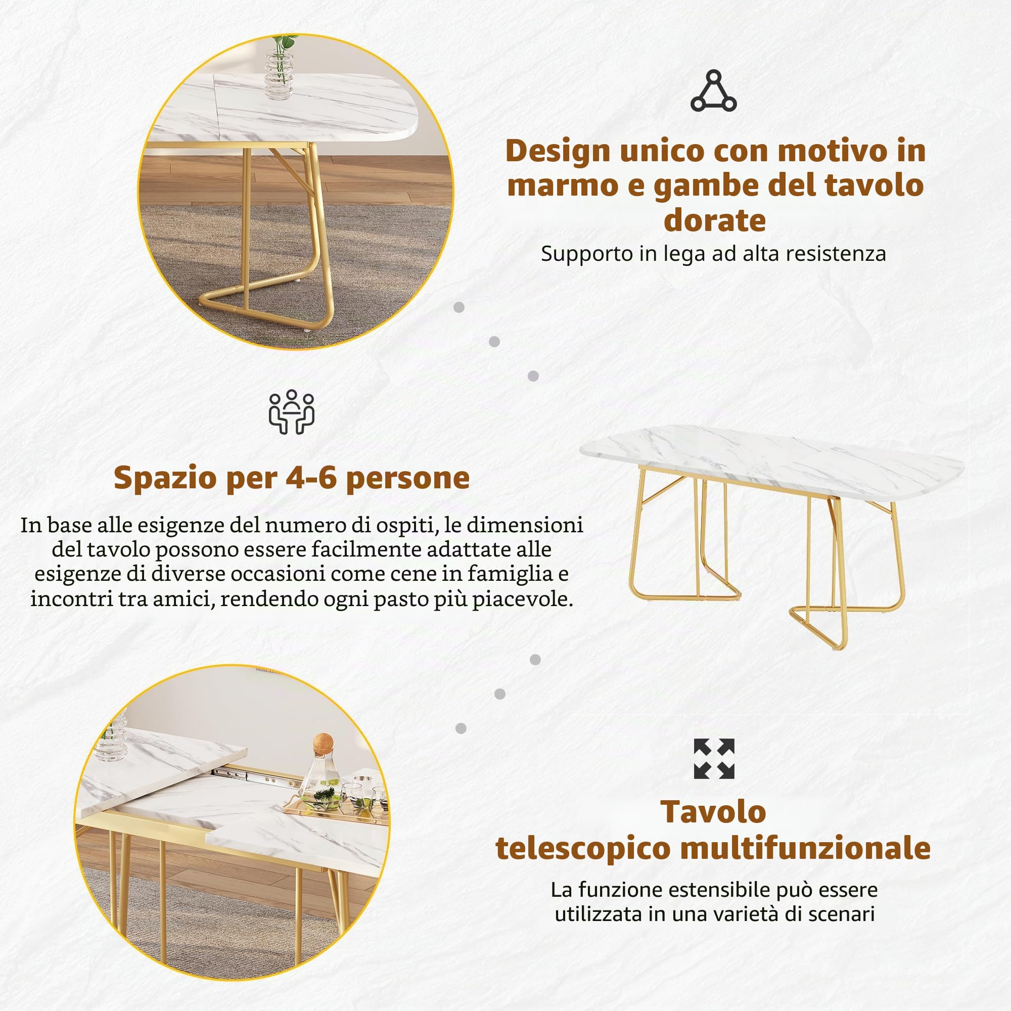 Bladez Tavolo da pranzo ovale allungabile per 6-8 persone 140-180 cm, lusso effetto marmo e gambe dorate, tavolo da cucina moderno bianco, piano in MDF (Bianco)
