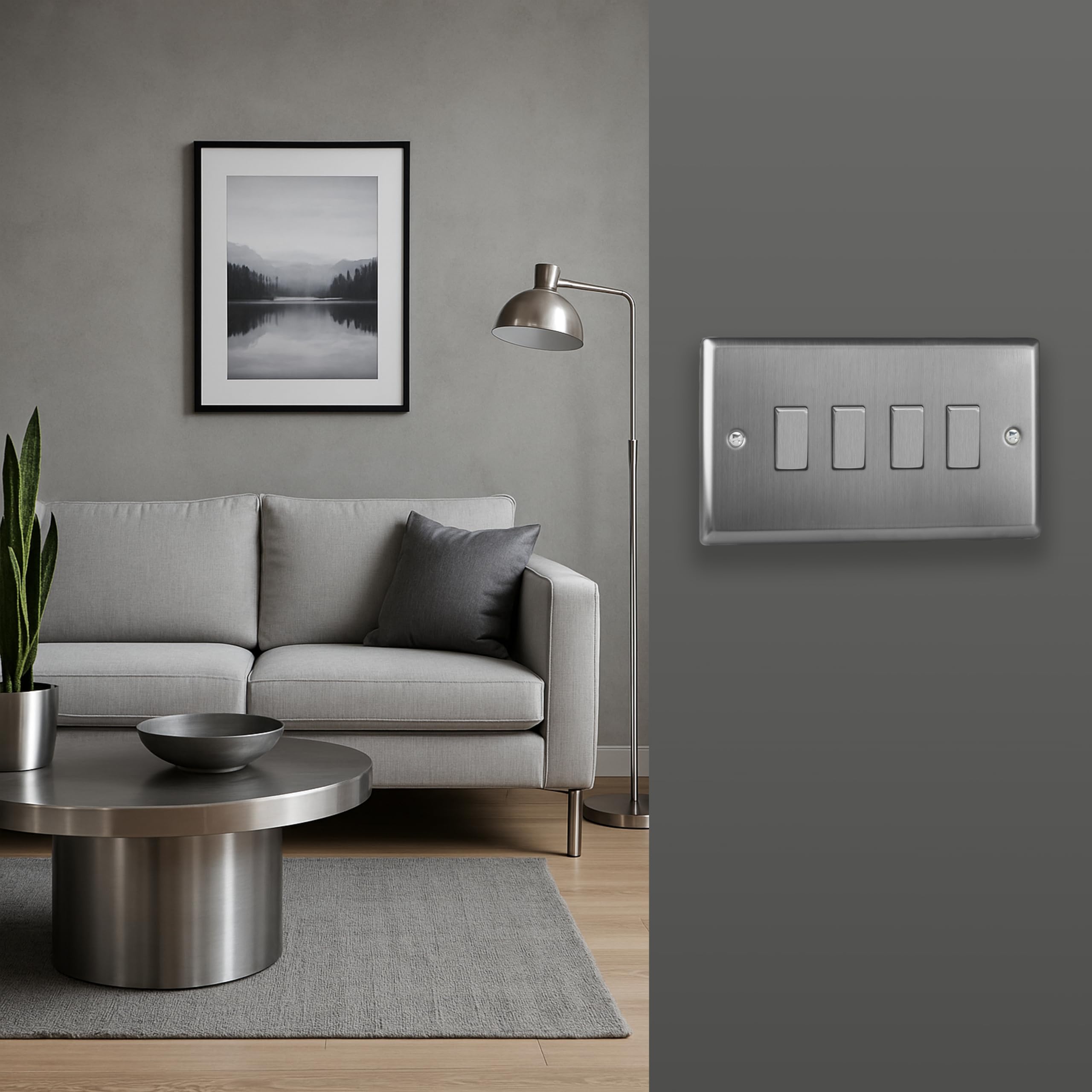 Varilight Quad 2-Way Rocker Light Switch - Classic Brushed Steel With Brushed Steel Rockers, XT9D, 91x150x25mm - Image 2