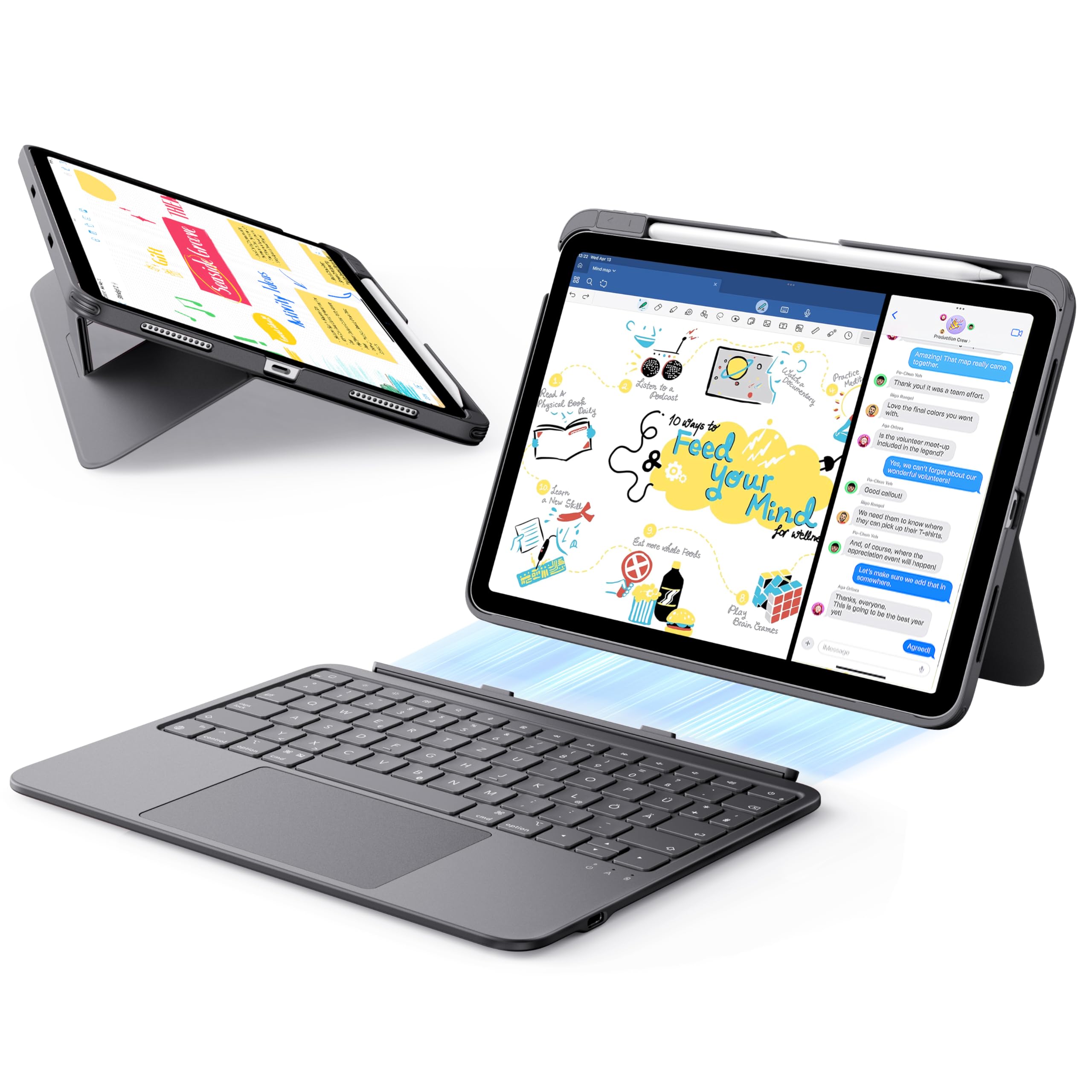 ESR iPad Air 11" (M4/M3/M2) & 5./4. Gen Flex Hülle mit Tastatur, ultraleichte magnetische abnehmbare Keyboard mit Schreib- und Ansichtsmodi, großes Präzisions-Trackpad, Dunkelgrau