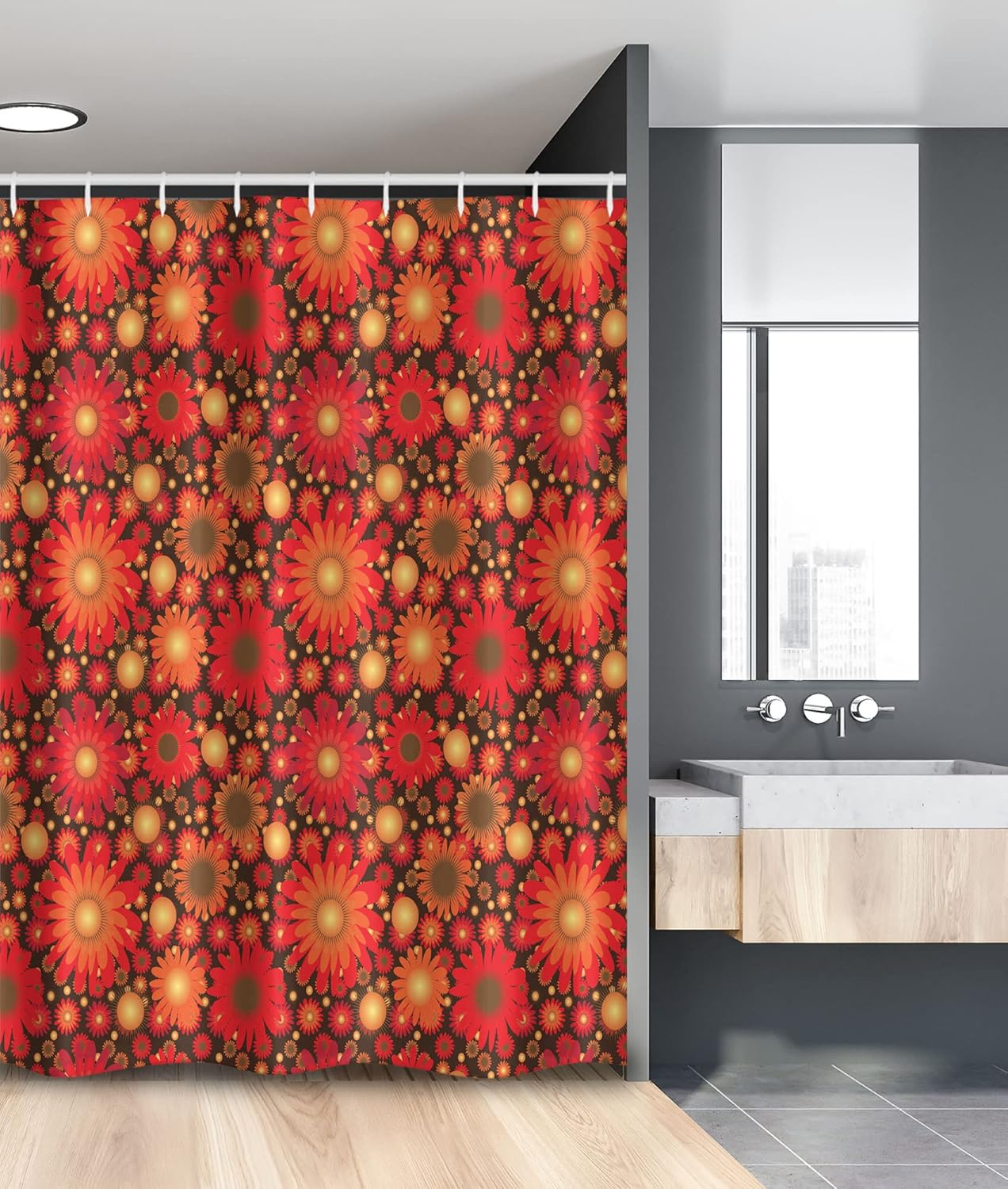 Ambesonne Floral Stall Shower Curtain, Vivid Flowers Colored Botanical Composition Gerbera Daisies, Fabric Bathroom Decor Set with Hooks, 54" W x 78" L, Dark Green Vermilion