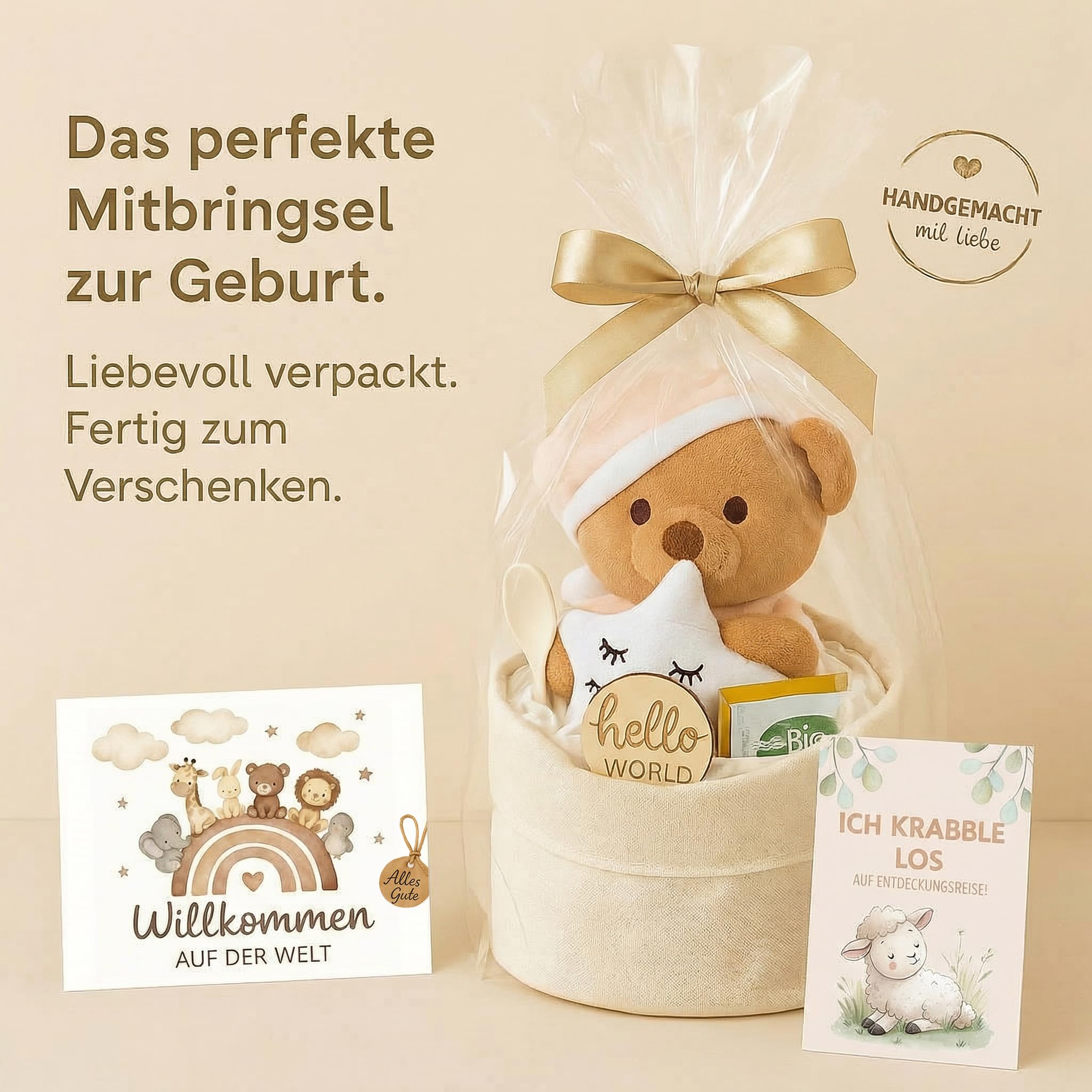 Torta di pannolini per bambine e ragazzi con peluche – Borsa per pannolini boho [fatta a mano] – regalo per la nascita con cucchiaio per bambini, pannolini premium e tè biologico, torta per pannolini