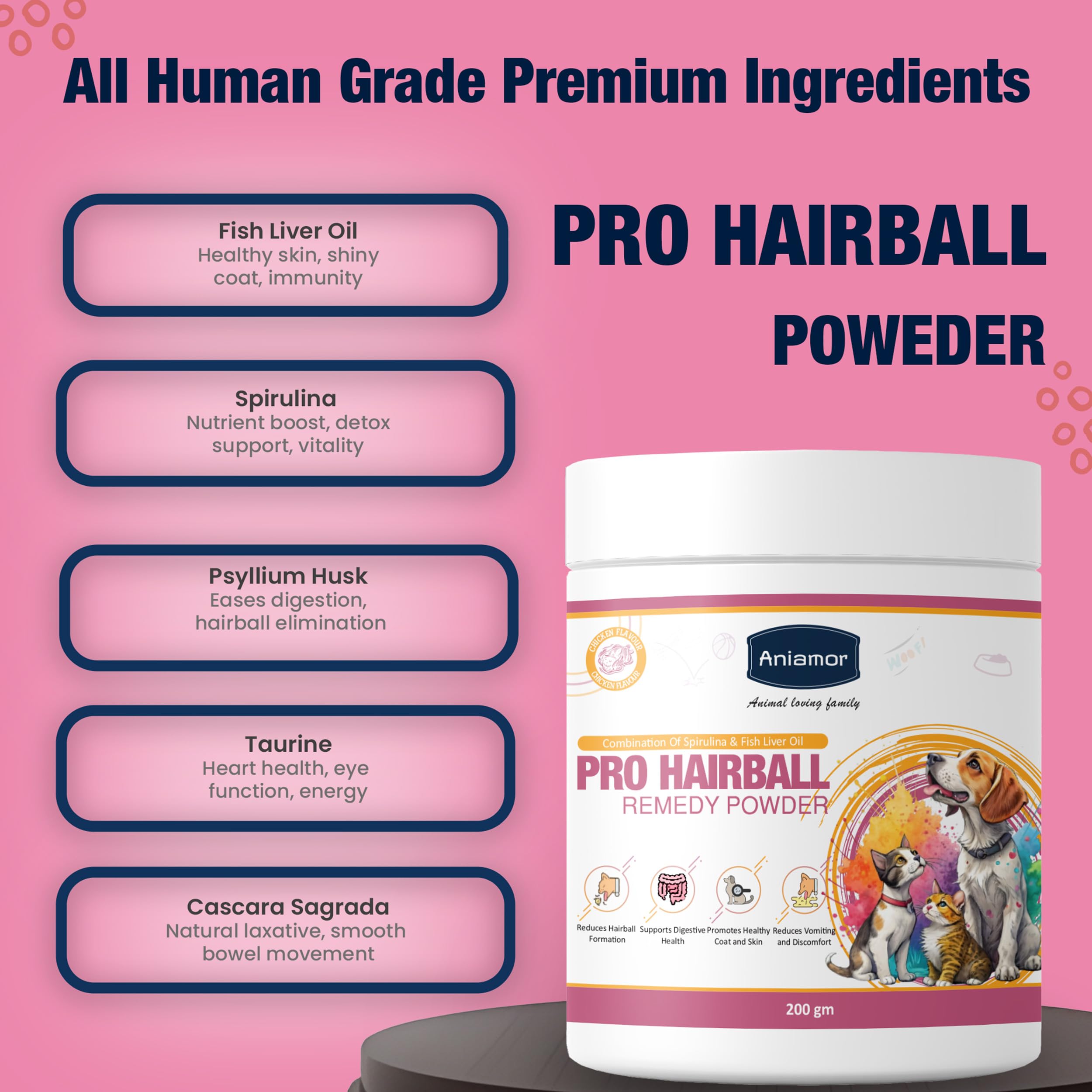 Aniamor Pro Hairball Remedy Powder for Dogs and Cats| for Hairball Purpose|Pets Supplement|Fish Liver Oil with Spirulina|All Life Stage|200gm Jar 2