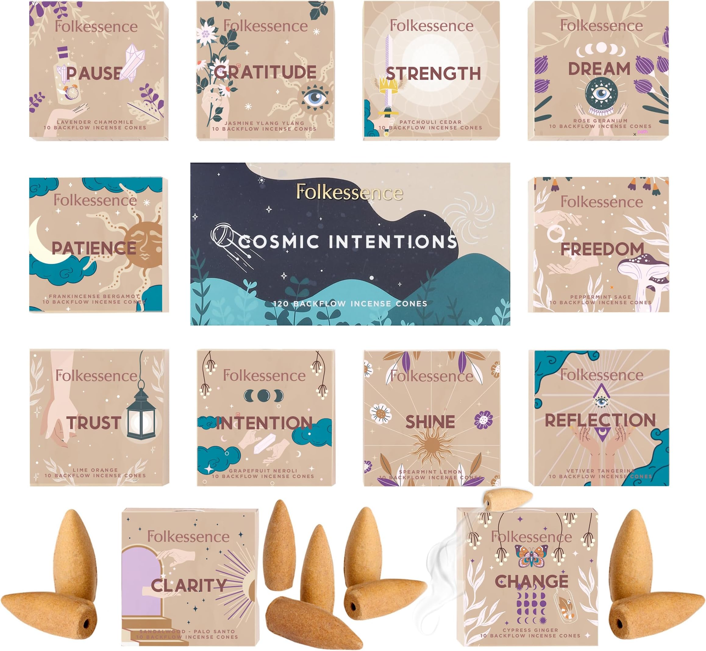 Backflow Incense Cones (120 Cones) | Set of 12 Waterfall Insence Cones for Meditation, Aromatherapy, Gifts | No Charcoal, Organic, Non Toxic Frankincense, Palo Santo Scented Inscents-Cones