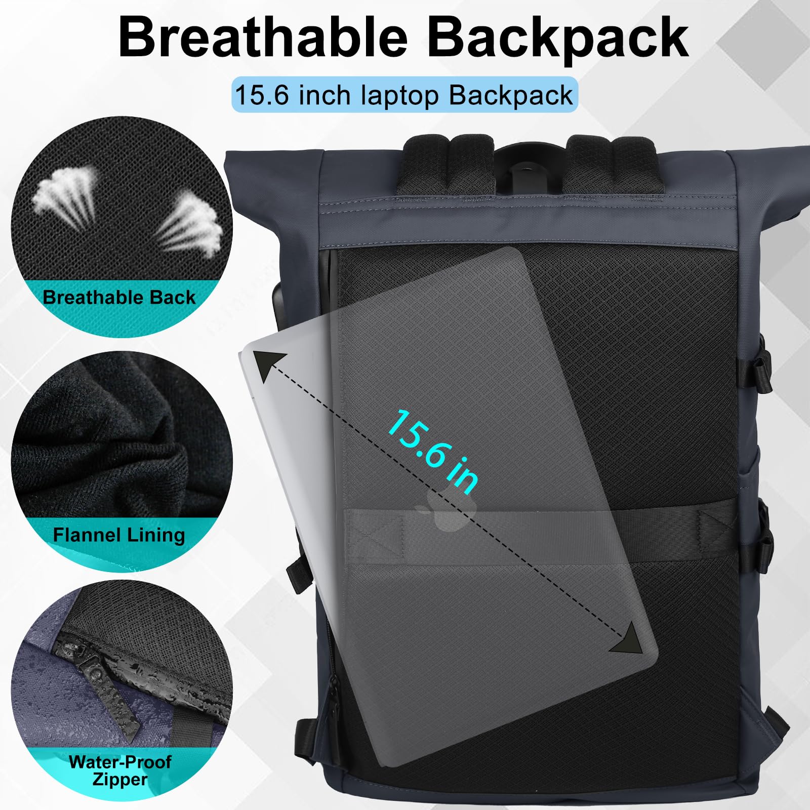 Sac à dos avec dessus enroulable pour ordinateur portable de 39,6 cm pour homme et femme