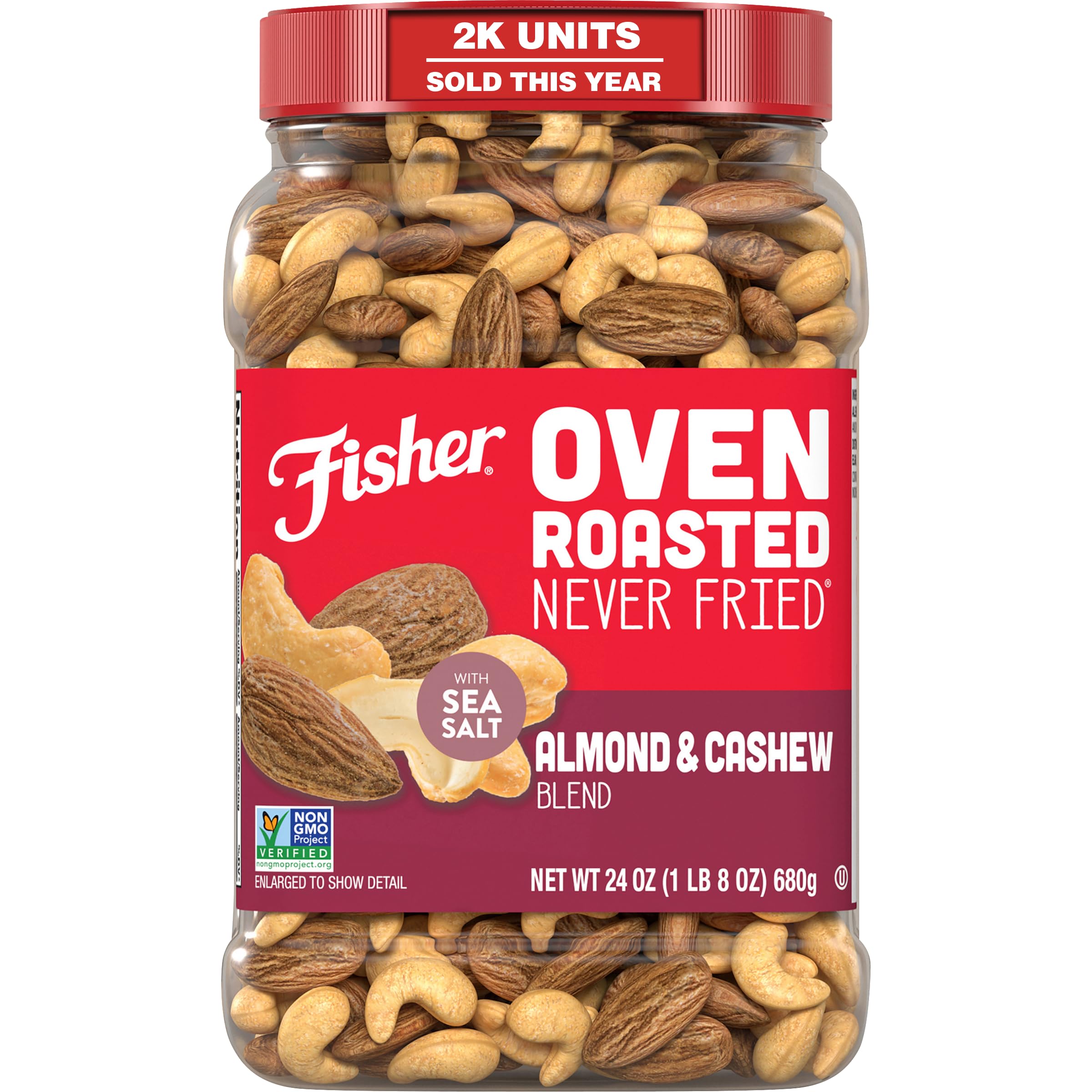 Fisher Oven Tosted Never Fried Almendra & Anacardo Mezcla de 680 ml (1 unidad) Snacks para Adultos Preparados con Sal Marina Sin Añadir Aceite, Ingredientes Artificiales o Conservantes