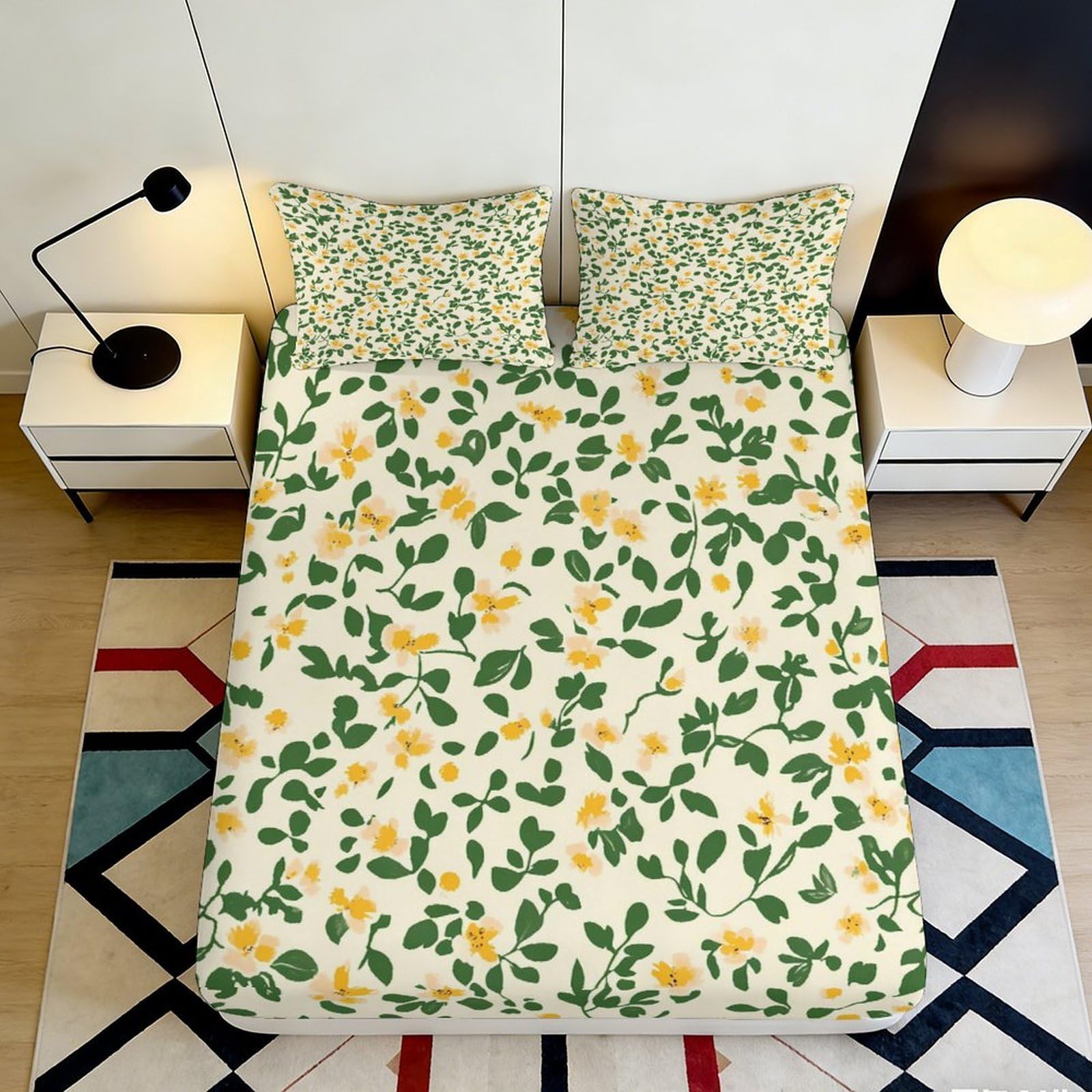 3D Printed Lemon Leaf Fitted Sheet Microfiber Deep Pocket Bedroom Bedding Lemon Leaf Mattress Fitted Cover Non-Slip Full Wrap for Adults 140x200x25cm