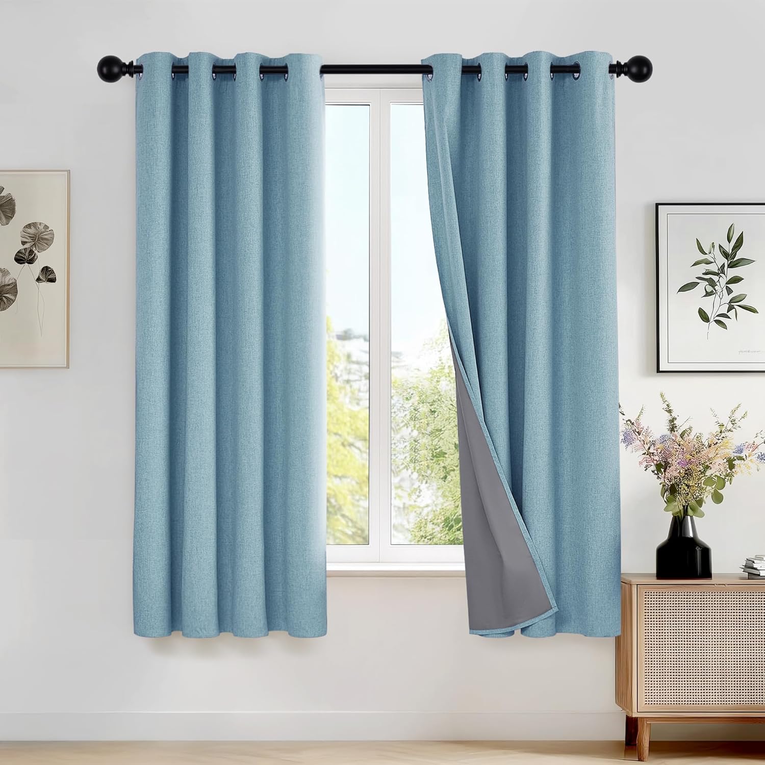 Deconovo Linen-Look 100% Blackout Curtains, Thermal Insulated Grommet Coating Drapes for Bedroom & Living Room, Teal 52W x 45L 2 Panels