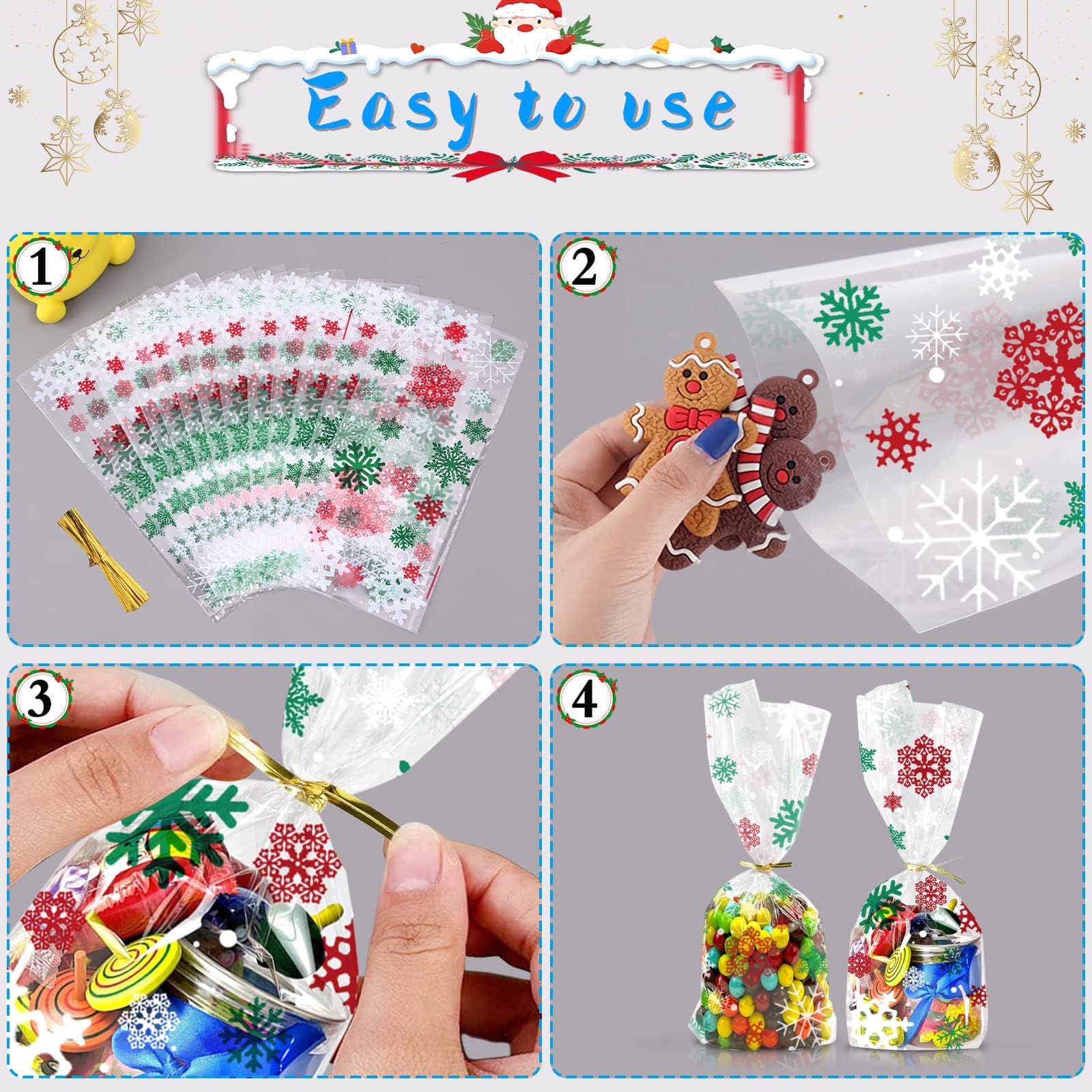 100 Sacchetti Di Natale Per Caramelle Con 100 Chiusure Twist, 27,5x12,5 Cm, In OPP Per Alimenti, Con Motivi Natalizi (fiocchi Di Neve, Pupazzi Di Neve) - 3