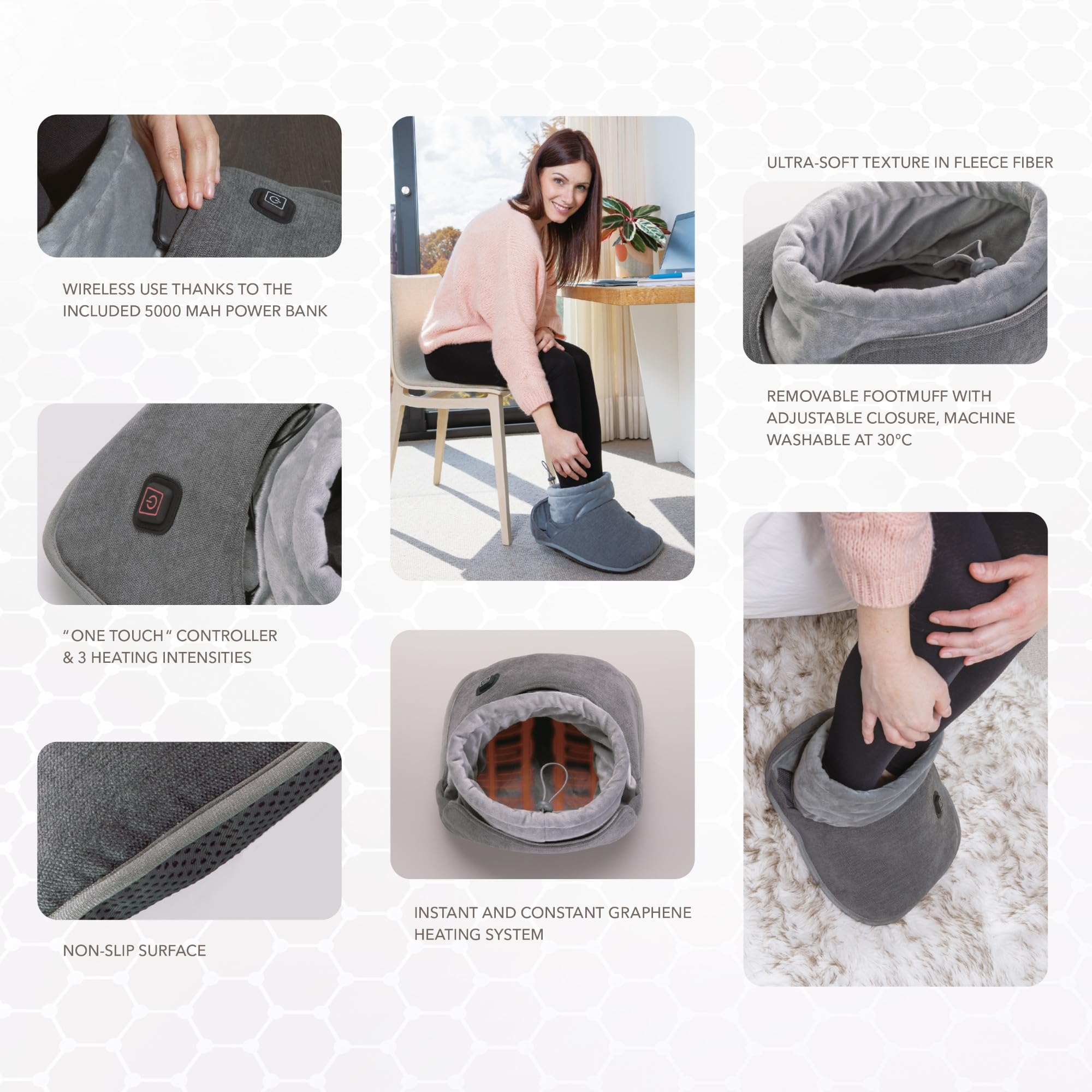LANAFORM - Graphene Foot Warmer - Chauffe-pieds Électrique Sans Fil - Chausson Chauffant Graphène - Chaleur Jambes Hiver Bureau - Batterie Portable 5000mAh - Polaire Ultra Douce - 3 Intensités