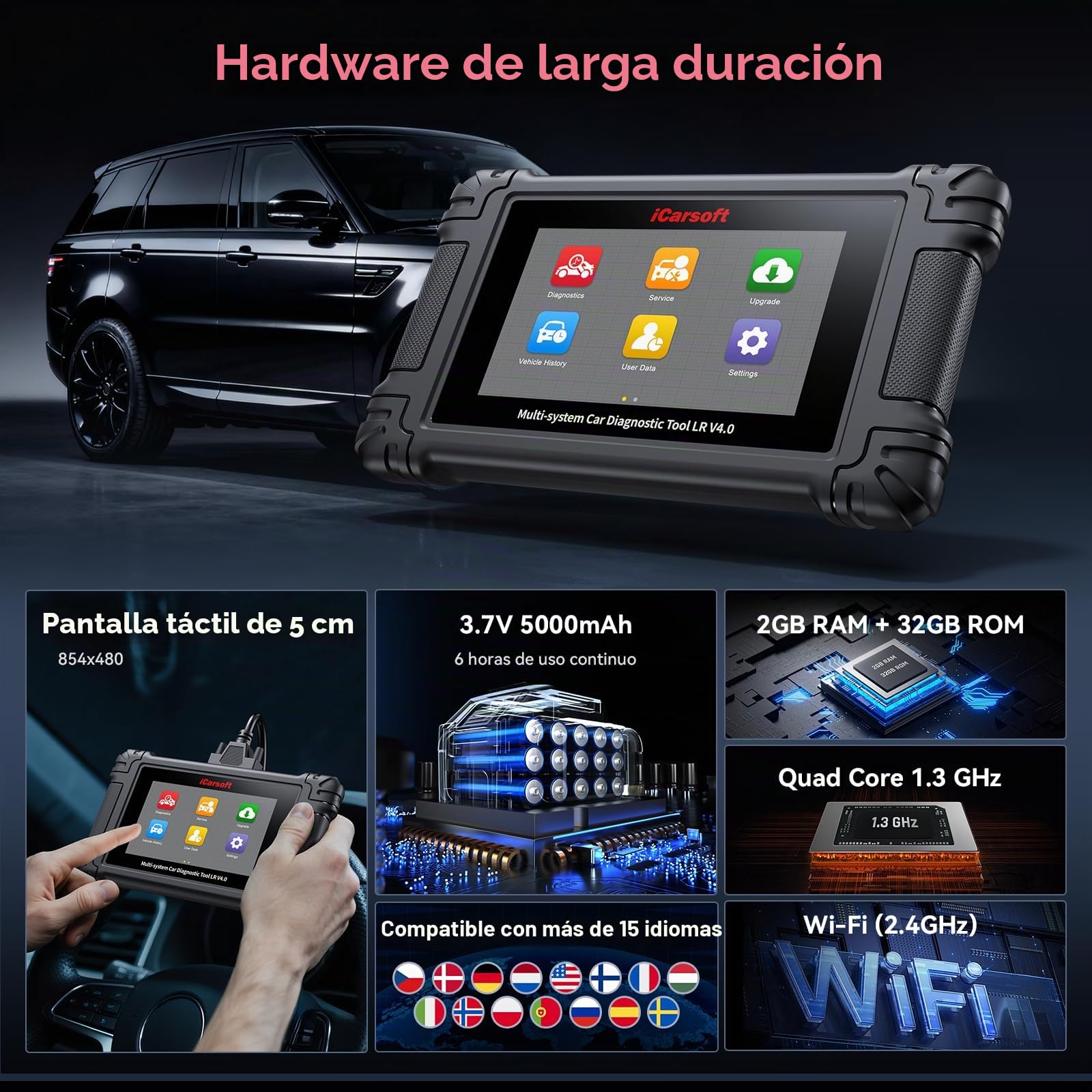 iCarsoft LR V4.0 Máquina Diagnosis Coche para Land Rover/Jaguar+ 2 Marcas Opcionales, Escáner OBD2 Bidireccional de Todo el Sistema, 37+ Funciones Reinicio, Vin Automático, Actualización WiFi por Vida
