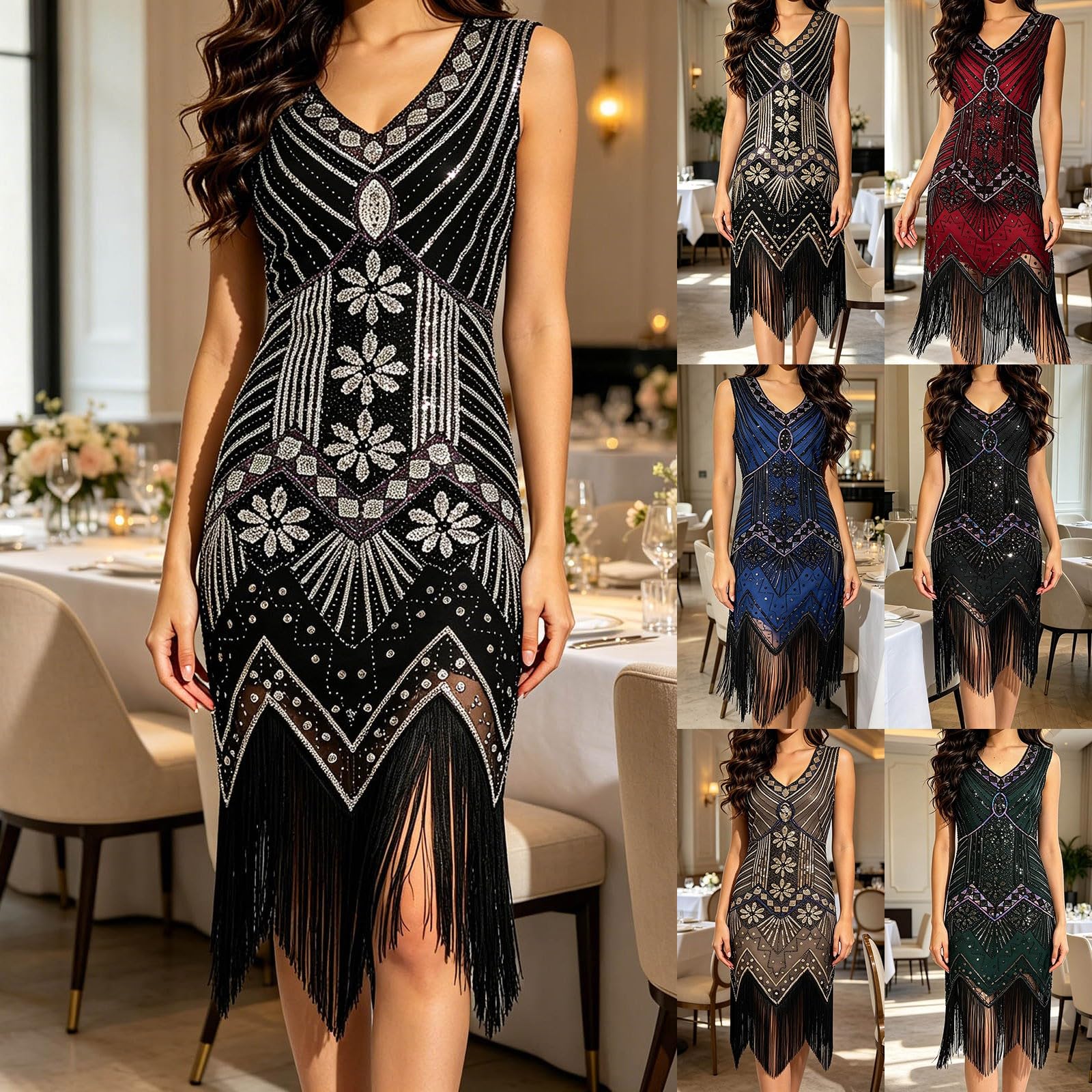 Vestido de mujer de años con flecos, cuello en V, brillante, vestido con lentejuelas, cuello en V, vestido de fantasía, disfraz de Gatsby Charleston de los años 20, vestido de fiesta
