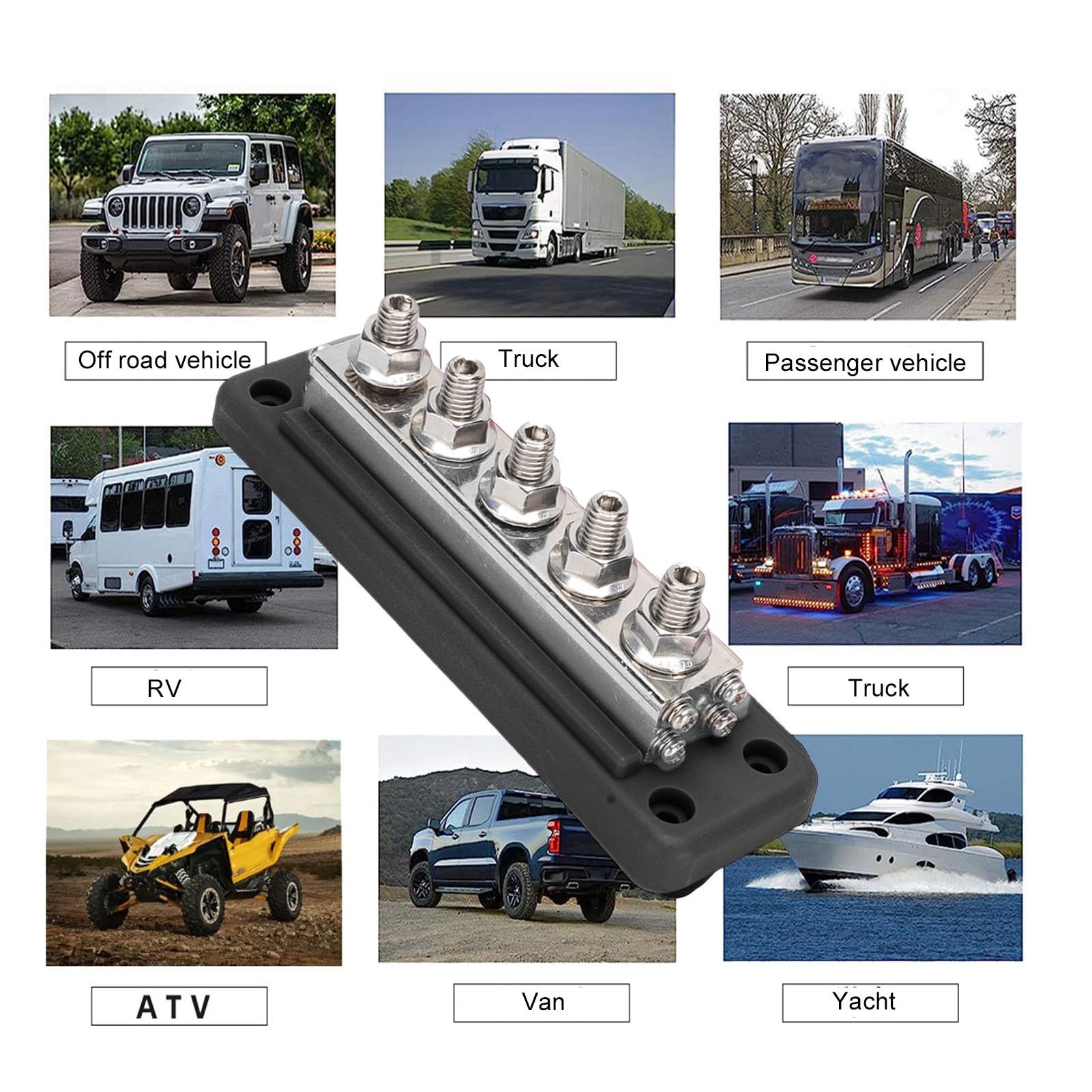 Bloc Distribution D'énergie 600A, 300V DC, Bornier Barre Bus Batterie Marine Robuste avec 5 Goujons M10, Barre Bus à Courant élevé pour Automobile, Voiture, Camping-Car (Black)