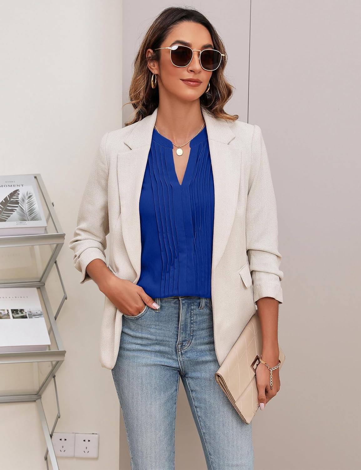 Blooming Jelly Womens Blouses Dressy Causal V Neck Pintuck Short Petal Sleeve Business Tops Ladies Summer Trendy Work Shirt - Image 8