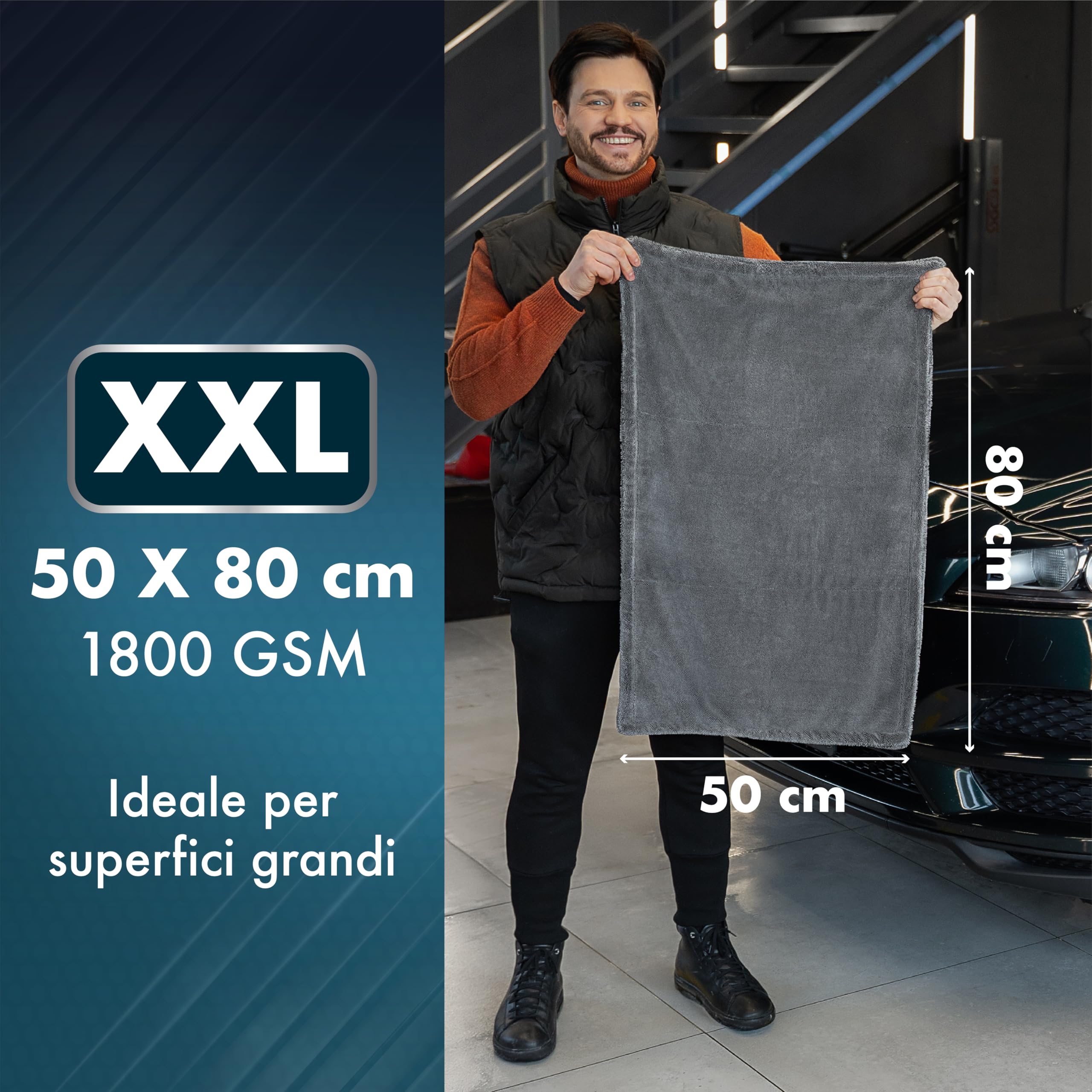 Panno Microfibra Auto XXL - 50x80 cm - 1800 g/m² Panno in Microfibra Ultra Assorbente - Pulizia Auto & Detailing