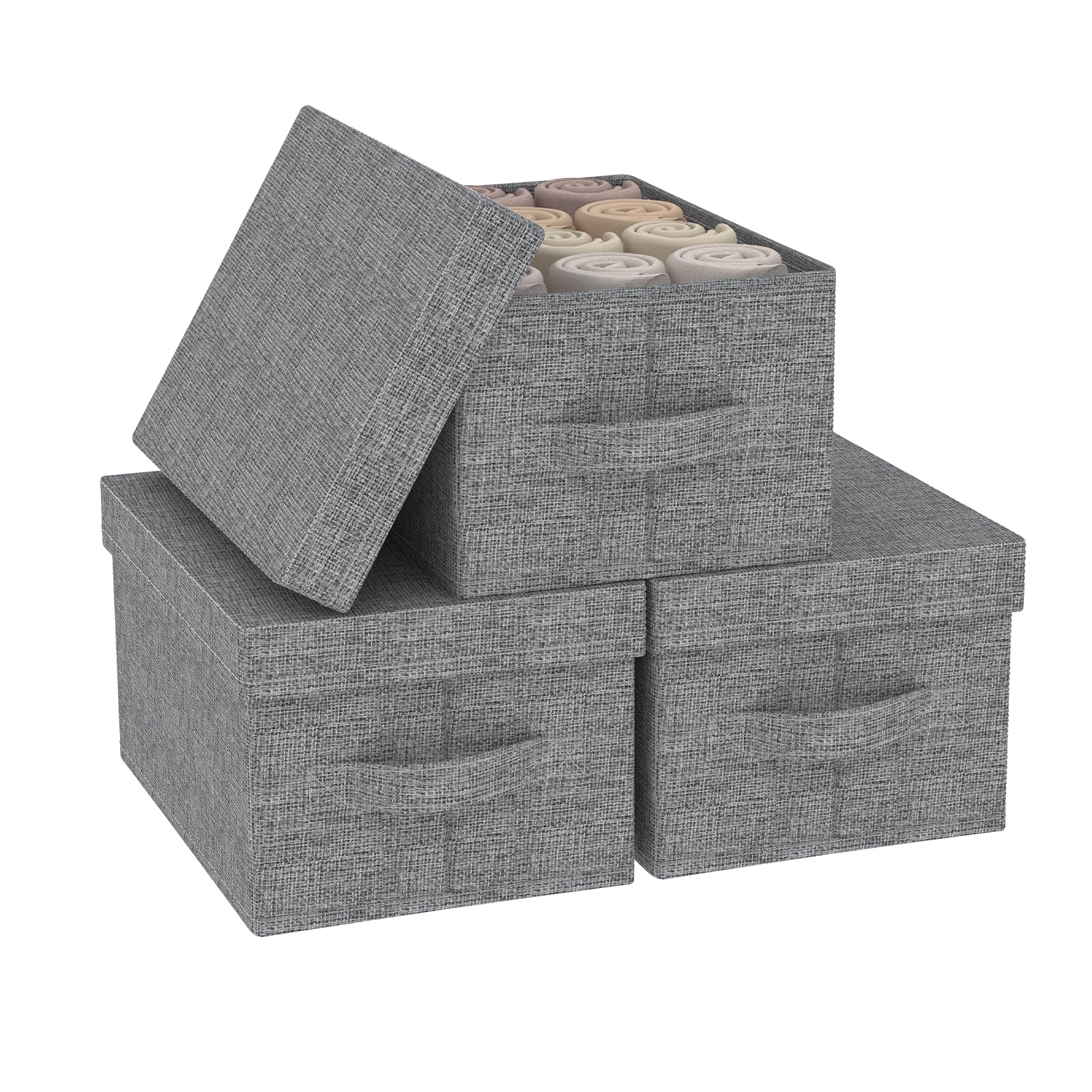 ENUMAIL 3er Caja de Almacenamiento con Tapa, Organizador Cajone Decorativas, Cesta de Tela Plegable con Mango, Adecuada Para Ropa de Cama, Libros, Colocación de Revistas, 33×23×18cm, Gris
