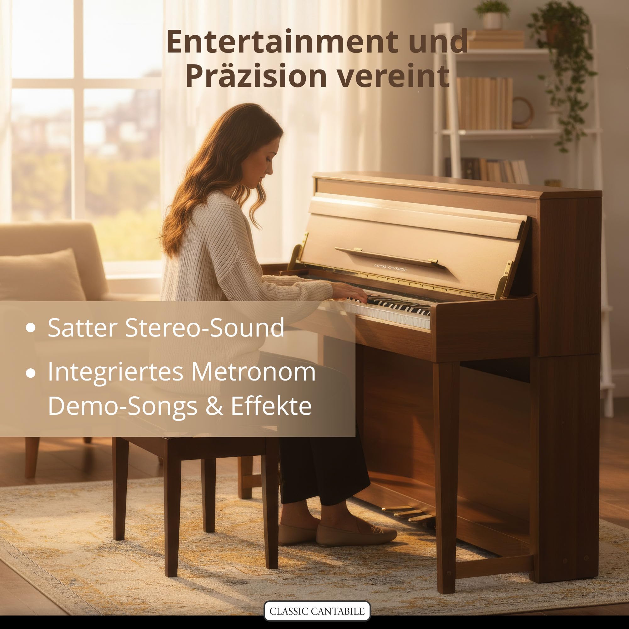 Classic Cantabile UP-1 OM Upright E-Piano - 88 gewichtete Tasten mit Graded Hammer Tastatur, Ivory Touch, 256 Polyphonie, 40 Sounds, OLED Display, 3 Pedale, USB MP3 Recorder - Okoume