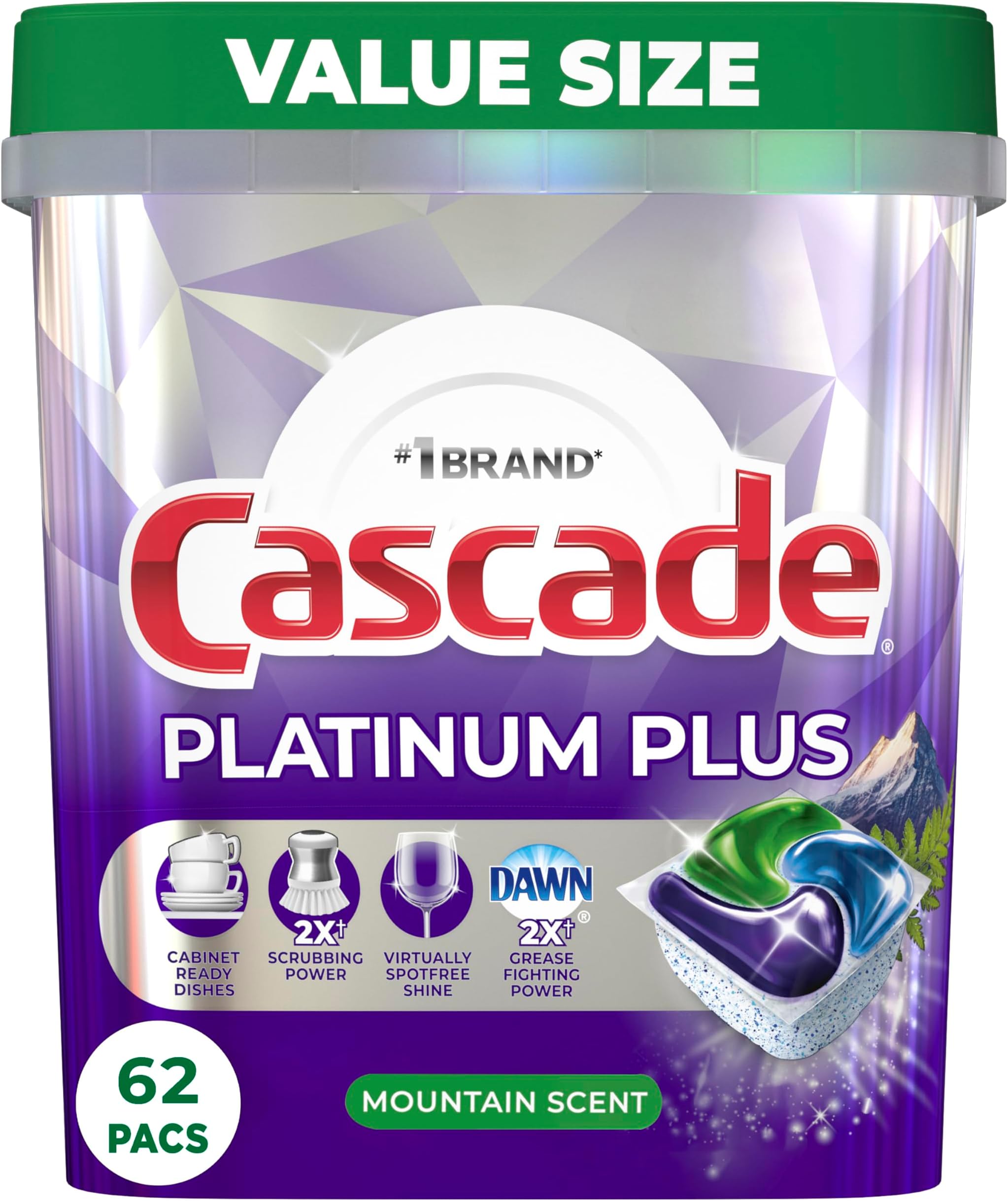 Platinum Plus ActionPacs Dishwasher Detergent Pods, Dishwasher Soap, Cleaning Supplies, Mountain, 62 Count