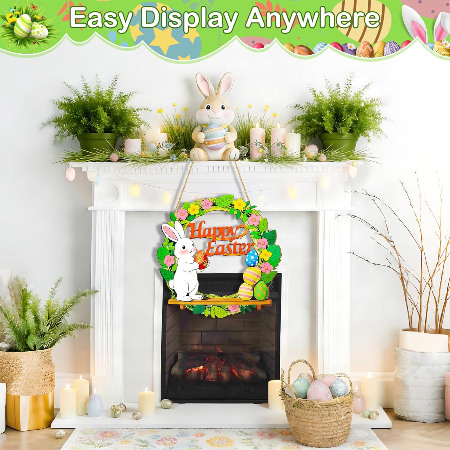 Wooden Easter Wreath Door Sign, Easter Front Door Decor with Bunny & Egg, Happy Easter Decorations for Home Indoor Outdoor Hanging Spring Easter Decor Party Supply - Image 5