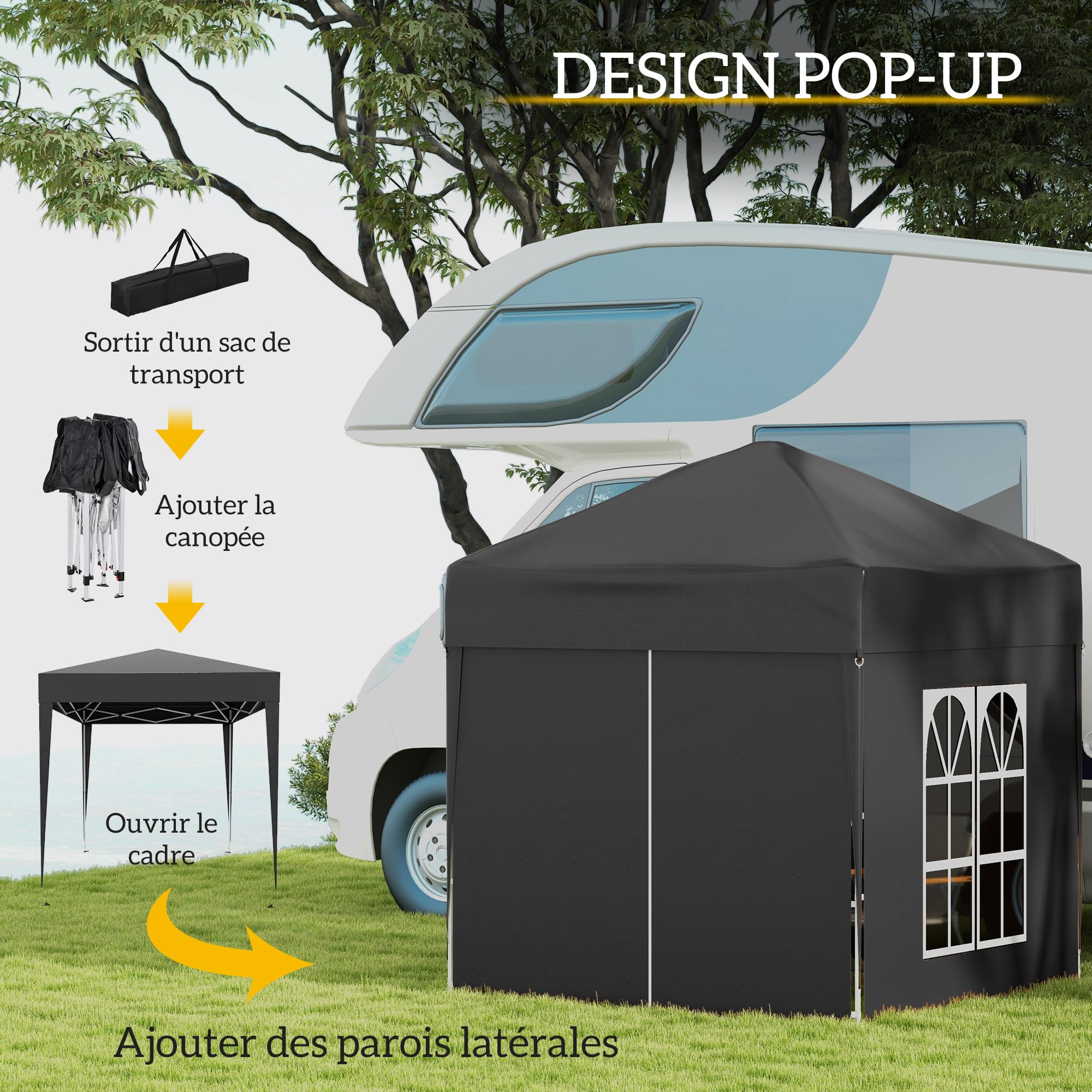 Outsunny Tonnelle de Jardin Pliante Pop-up 2 x 2 m, Protection UV, Cadre en Acier, 4 côtés Amovibles, Noir