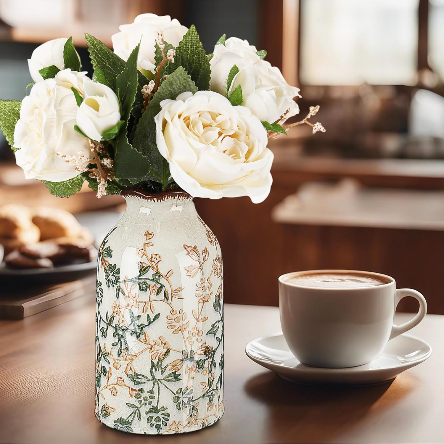 1 Pcs Green and Beige Vintage Vase Ceramic Chinoiserie Floral Vase Cracked for Rustic Home Bookshelf Living Room Table Centerpiece Decors (Small) - Image 6