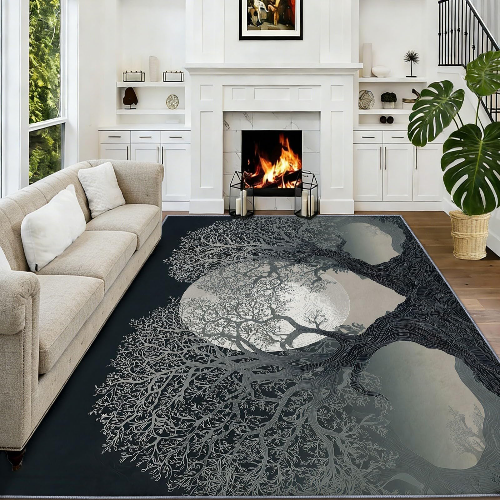Generisch Dywan do salonu, nadaje się do prania, 180 x 240 cm, fantazyjny, księżyc, rośliny, drzewa, krótkie runo, czarno-szary, duży, antypoślizgowy, do jadalni, sypialni, biura