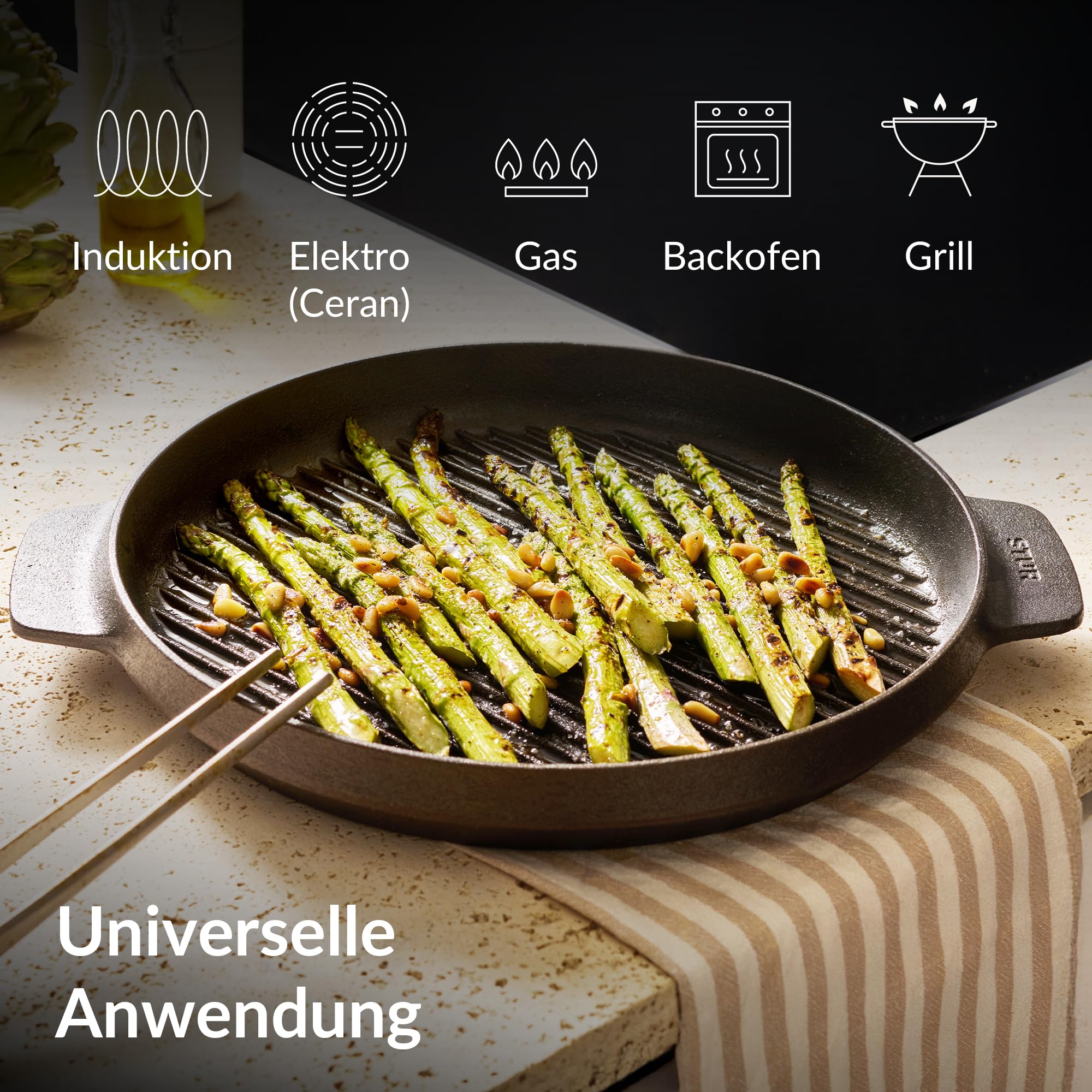 STUR - ORIGINAL Gusseisen Grillpfanne Induktion 28cm - Cast Iron Pan für alle Herdarten - Runde Grillpfanne Gusseisen ohne künstliche ANTIHAFT-BESCHICHTUNG & kratzfest - Made in Germany
