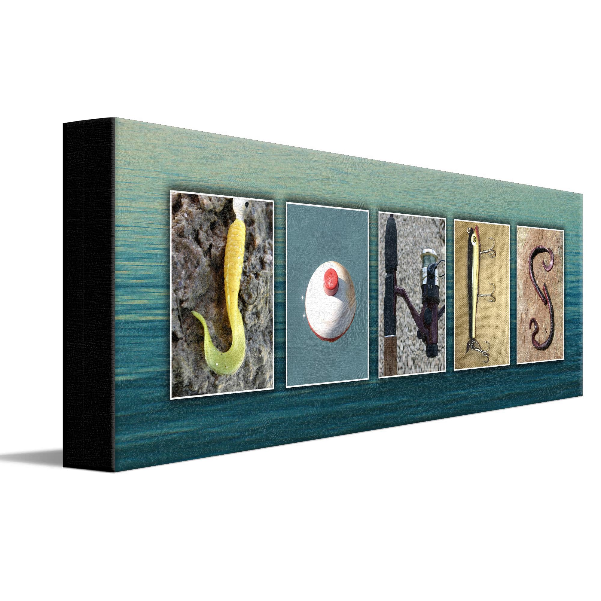 Personalized Fishing Name Alphabet Art - Perfect for The Man cave, Office, or Boy's Room. (Block Mount - 6.5 x 18)