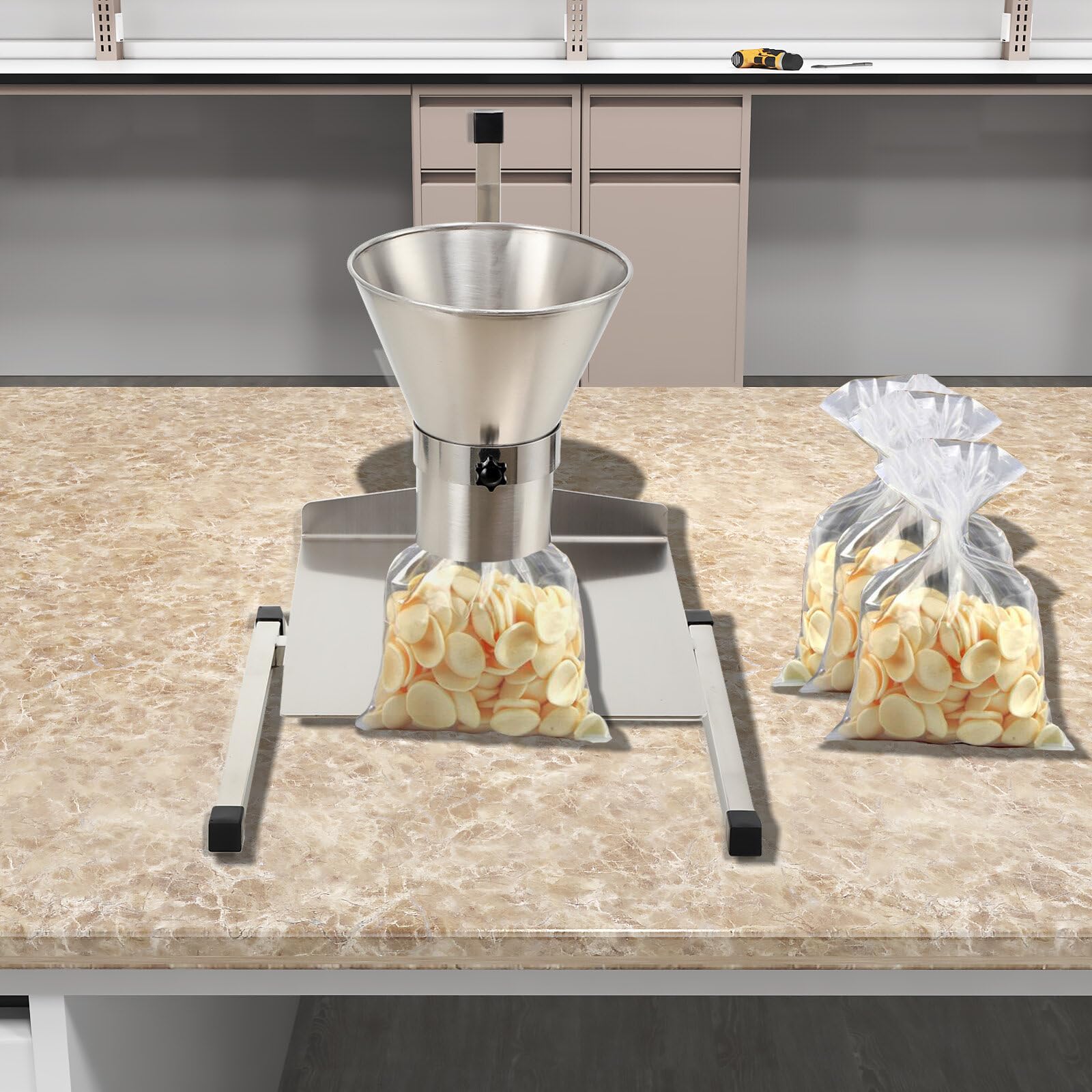 TABODD 4in Stainless Steel Feeding Hopper with Support Stand, Manual Filling Package Funnel Food Grade Kitchen Feeding Hopper Packaging Funnel with Lifting Platform for Powder, Paste, Liquid Granule