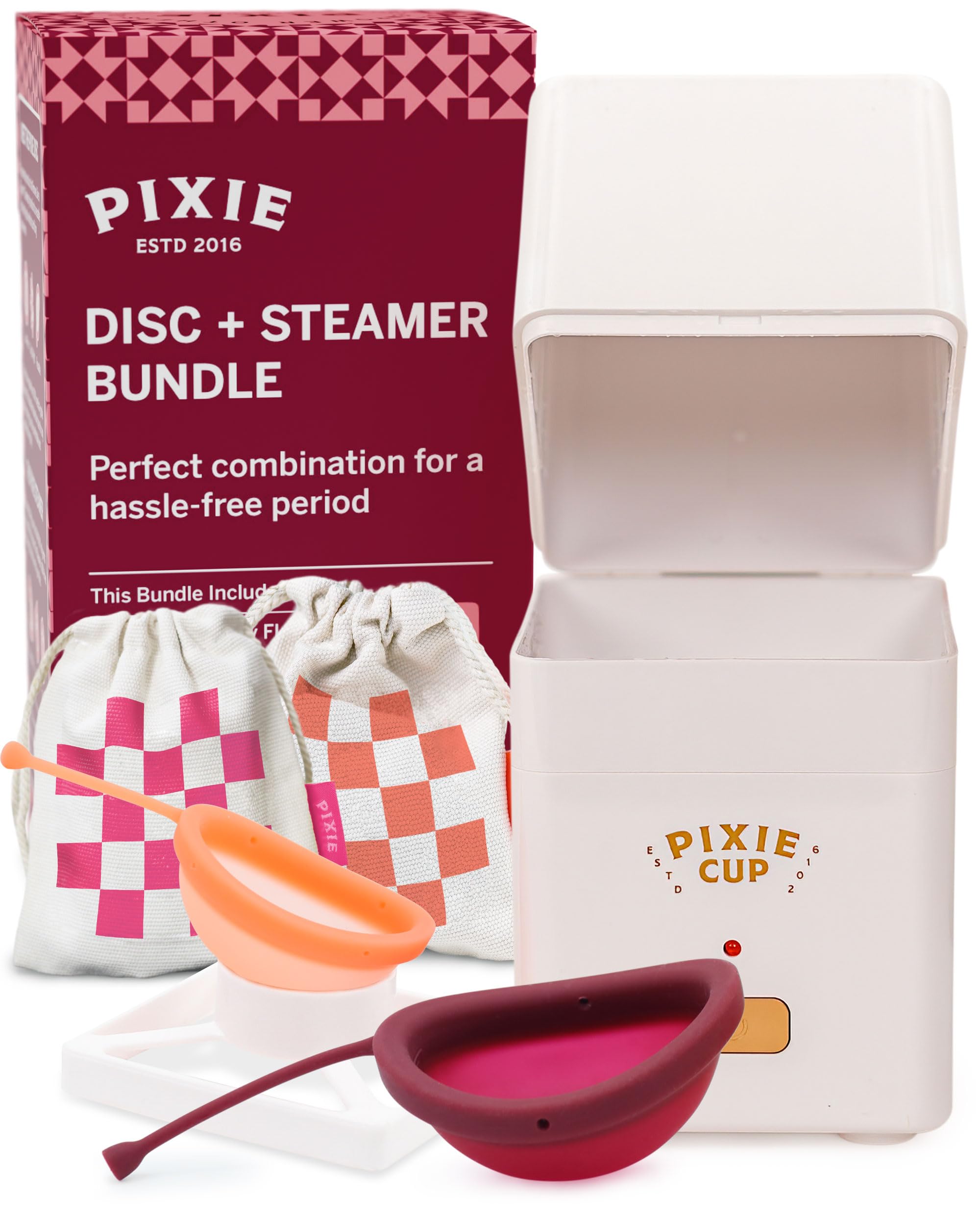 Pixie Cup Menstrual Sterilizer + Large & Small Disc - Kill 99.9% of Germs with Menstrual Cleaner Steamer Solution - Period Sterilizer Works in 3 Minutes! Compact Size & Travel Portable