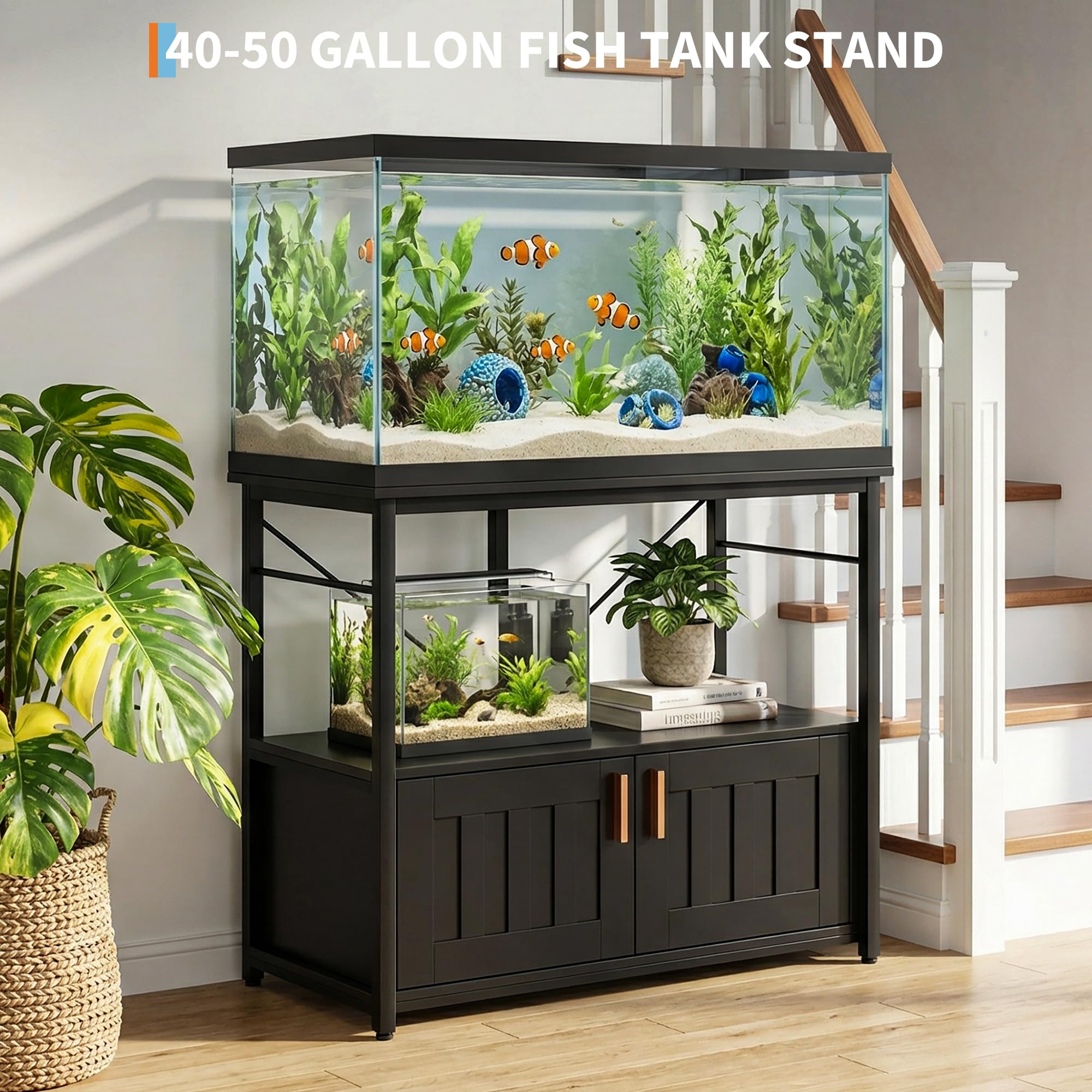 Aquarium Unterschrank für 40–50 Gallonen – Stabiler Metall-Holz-Fischbeckenständer mit Regal & Stauraum, bis 300 kg belastbar, verstellbare Füße, für Wohnzimmer/Terrarium, modernes Design –