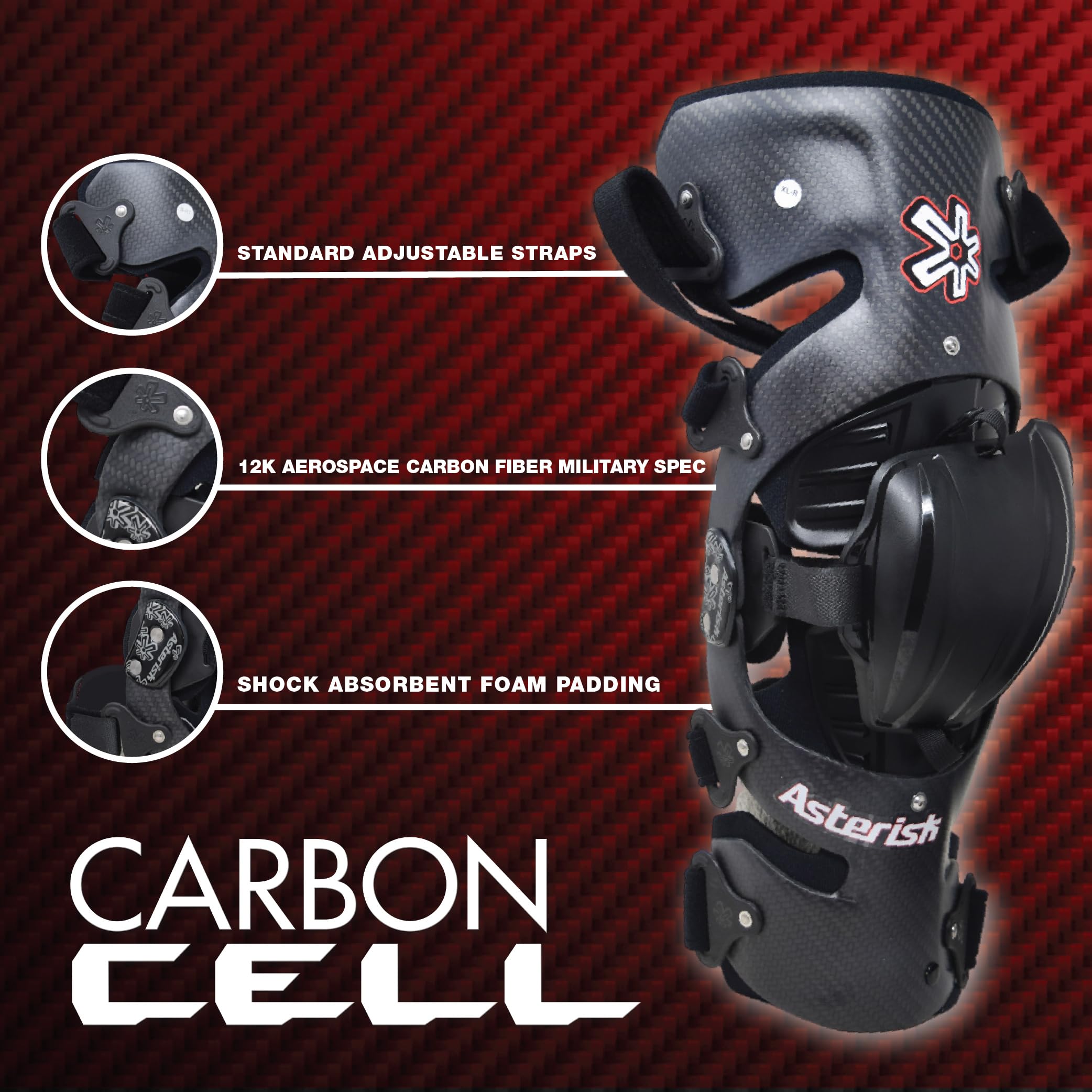 Asterisk Carbon Cell Pro - Advanced Knee Protector Brace for Motocross, Snowboarding, Wakeboarding, Off-Roading, Football,& More (Left, Medium)