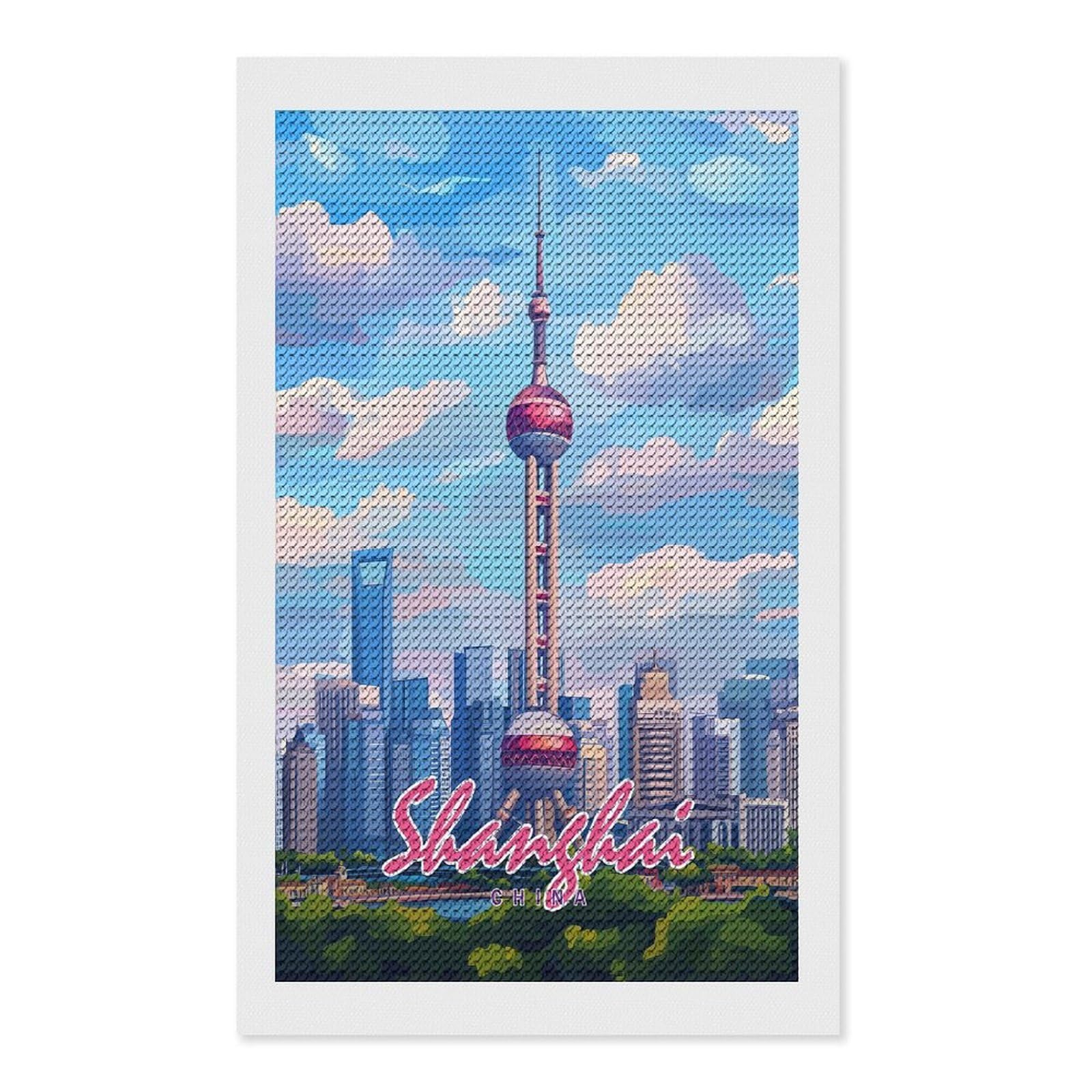 Junmoney Shanghai Skyline Full Drill Diamond Painting Kit 12"x20", Adhesive Canvas, Aesthetic Room Decor, for Family Craft Time, Birthday Gift