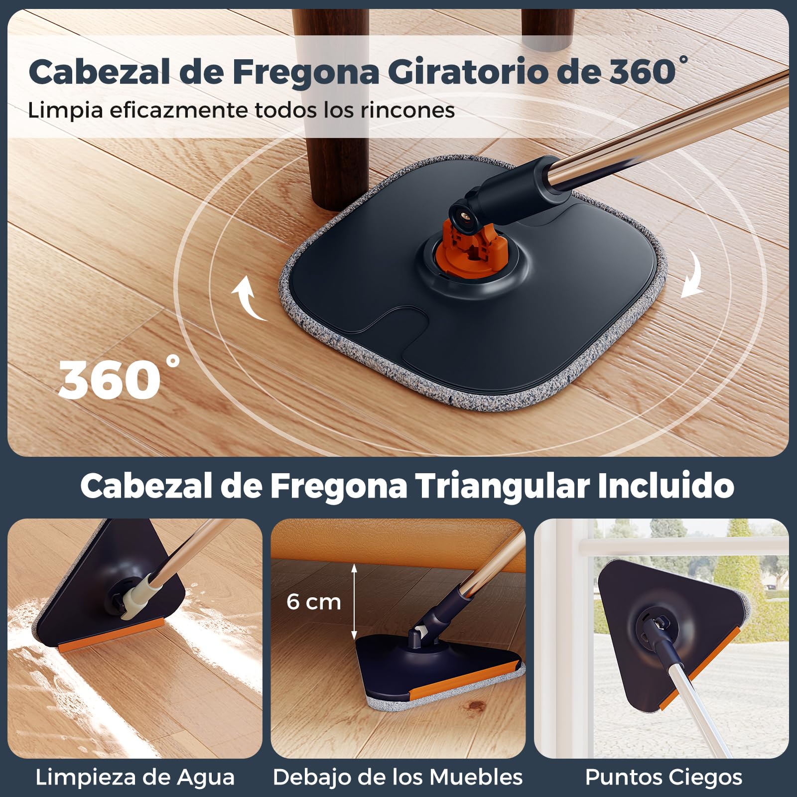 COSTWAY Set de Mopa y Cubo con Escurridor, Fregona y Cubo para Suelo con Cabezales de Mopa, Sistema de Limpieza de Suelos para Uso en Húmedo y en Seco, Cabezal Cuadrado Giratorio de 360°, Azul Marino