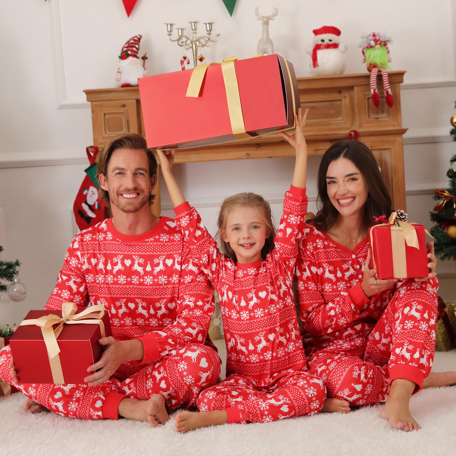 Set di pigiami natalizi per la famiglia, da donna, uomo, coppia, bambini, a maniche lunghe, con motivo natalizio