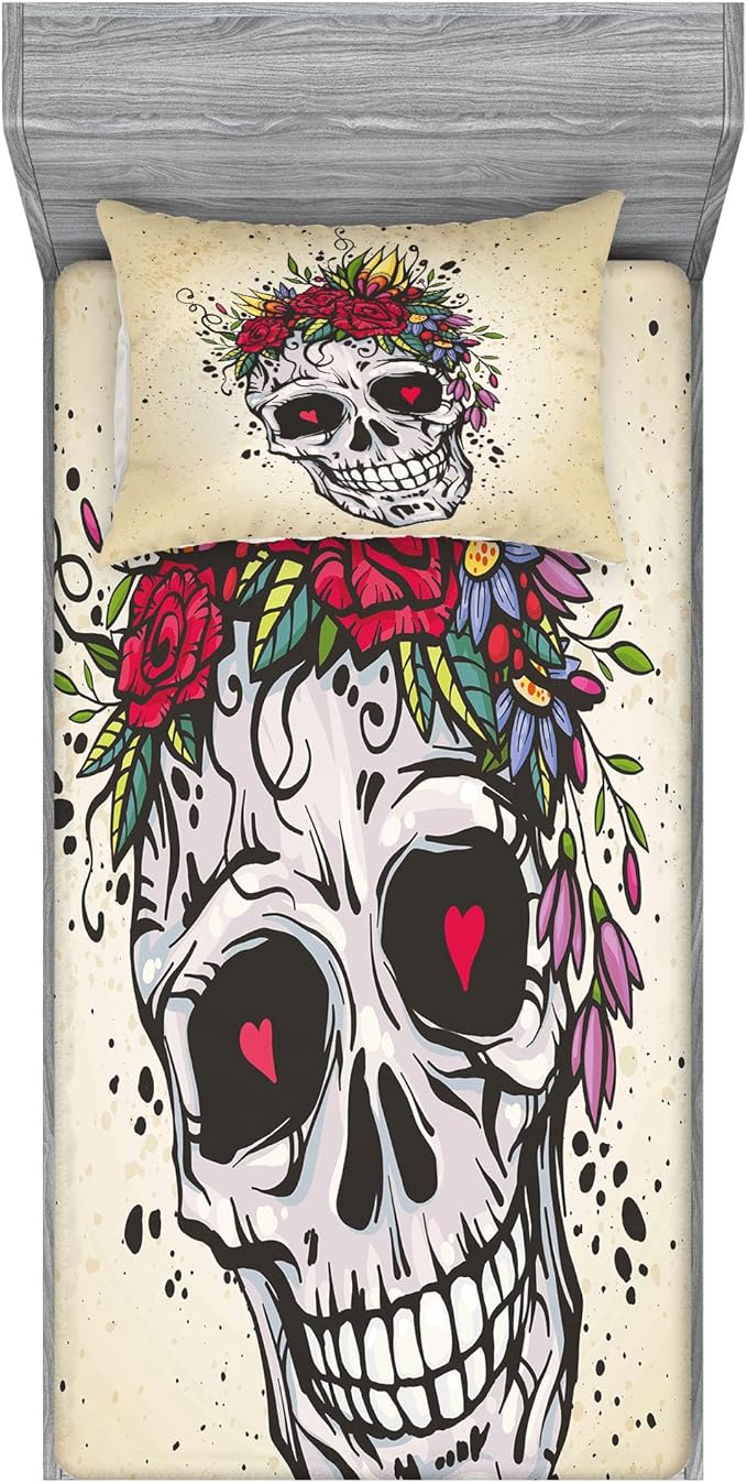 Ambesonne Sugar Skull Fitted Sheet & Pillow Sham Set, Human Skull with Wreath of Roses and Wild Flowers Hearts in Boho Form Design, Decorative Printed 2 Piece Bedding Decor Set, Twin, Multicolor