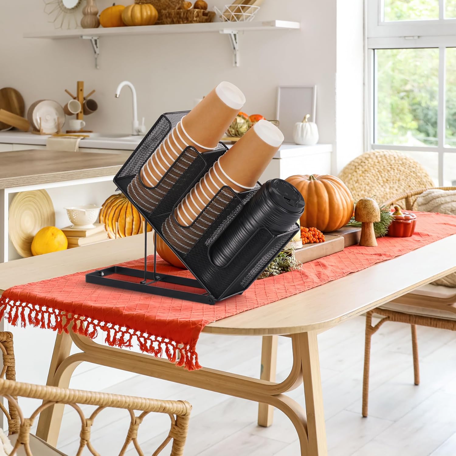 Paper Cup and Lid Holder with Straw Organizer for Countertop Coffee Station Bar Restaurant Breakroom, Metal Midsize Disposable Coffee Cup Dispenser for Plastic Cup Lid Straw, Black