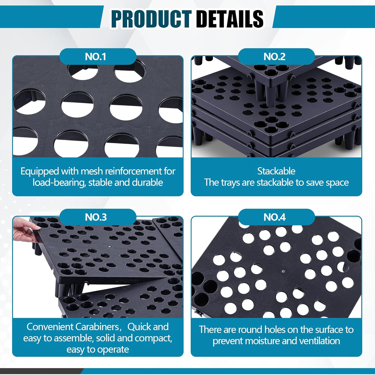 Geelin 6 Pcs Plastic Pallets for Basement Storage Lightweight Waterproof Floor Pallet Nestable Interlocking Storage Pad with Breathable Grids for Restaurant Shop Warehouse (15.8 x 15.8 x 3.9")