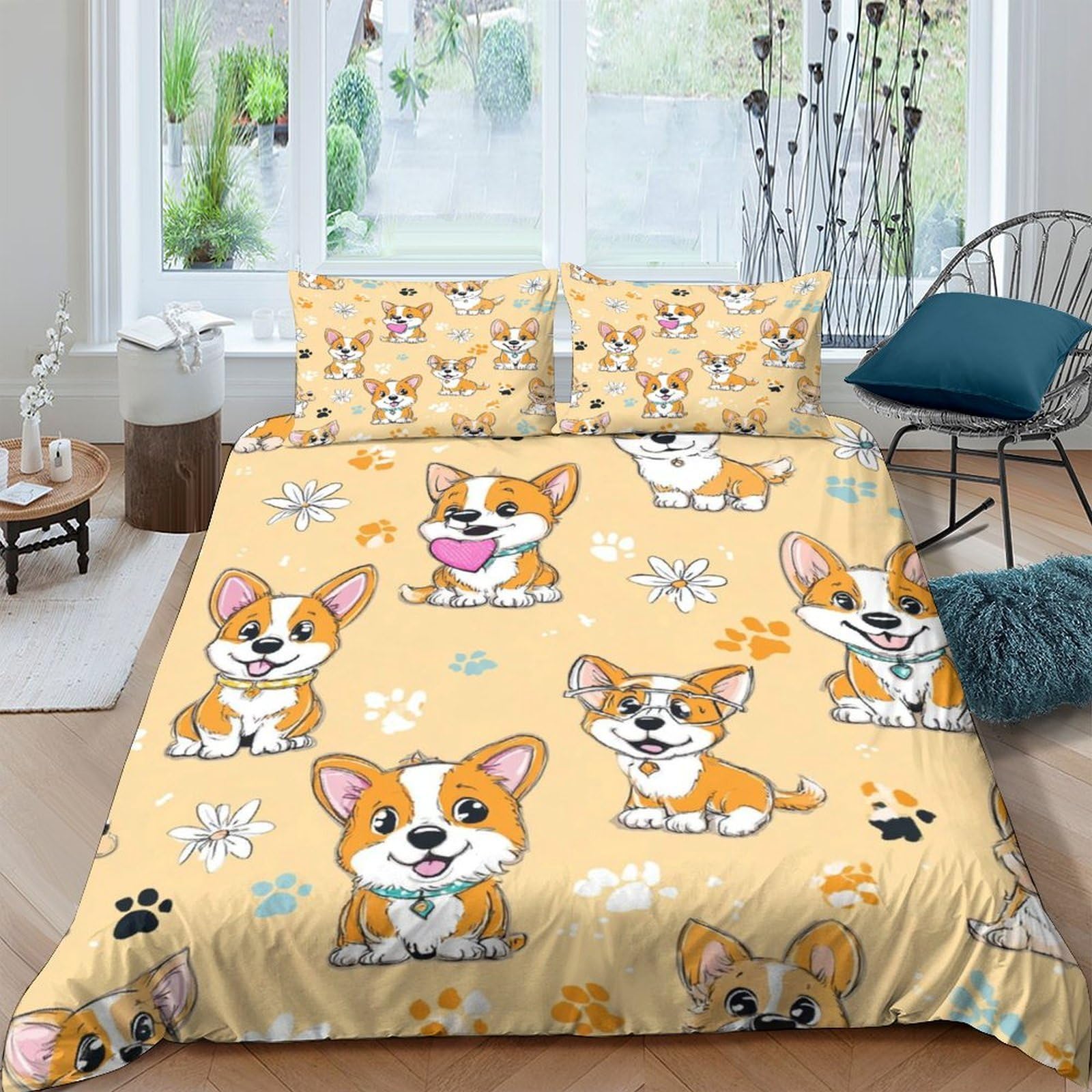 Ctjqhvkz Style-2 3D Printed Corgi Cartoon Fitted Sheet Microfiber Soft Yellow Dog Bed Cover For Bedroom Dorm Mattress Protection Decor Single（135X200cm）
