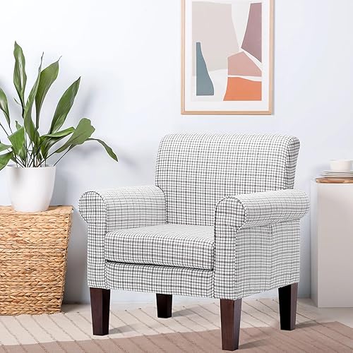 Miniatura 1 de Funkeen - Silla decorativa moderna de mediados de siglo, acogedor sillón tapizado con respaldo copetudo, silla de sofá de tela a cuadros para sala