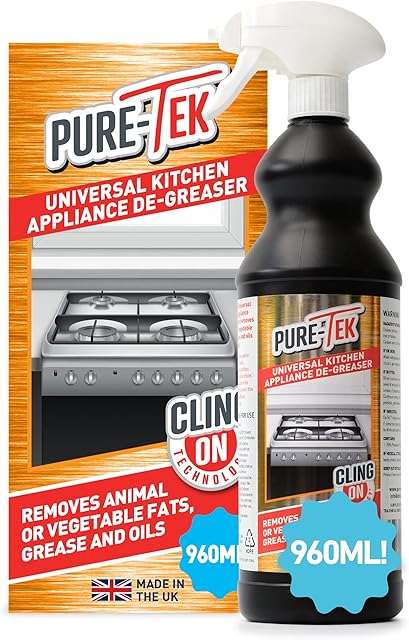 Pure-Tek Degreaser Spray, Kitchen and Cooker Cleaner, Heavy Duty Grease Remover, Easy Cleaning for Gas Burner Hob, Extractor Hood, Griddle, Microwave, Tiles, Removes Fat & Oil, Eco Friendly, 960ml